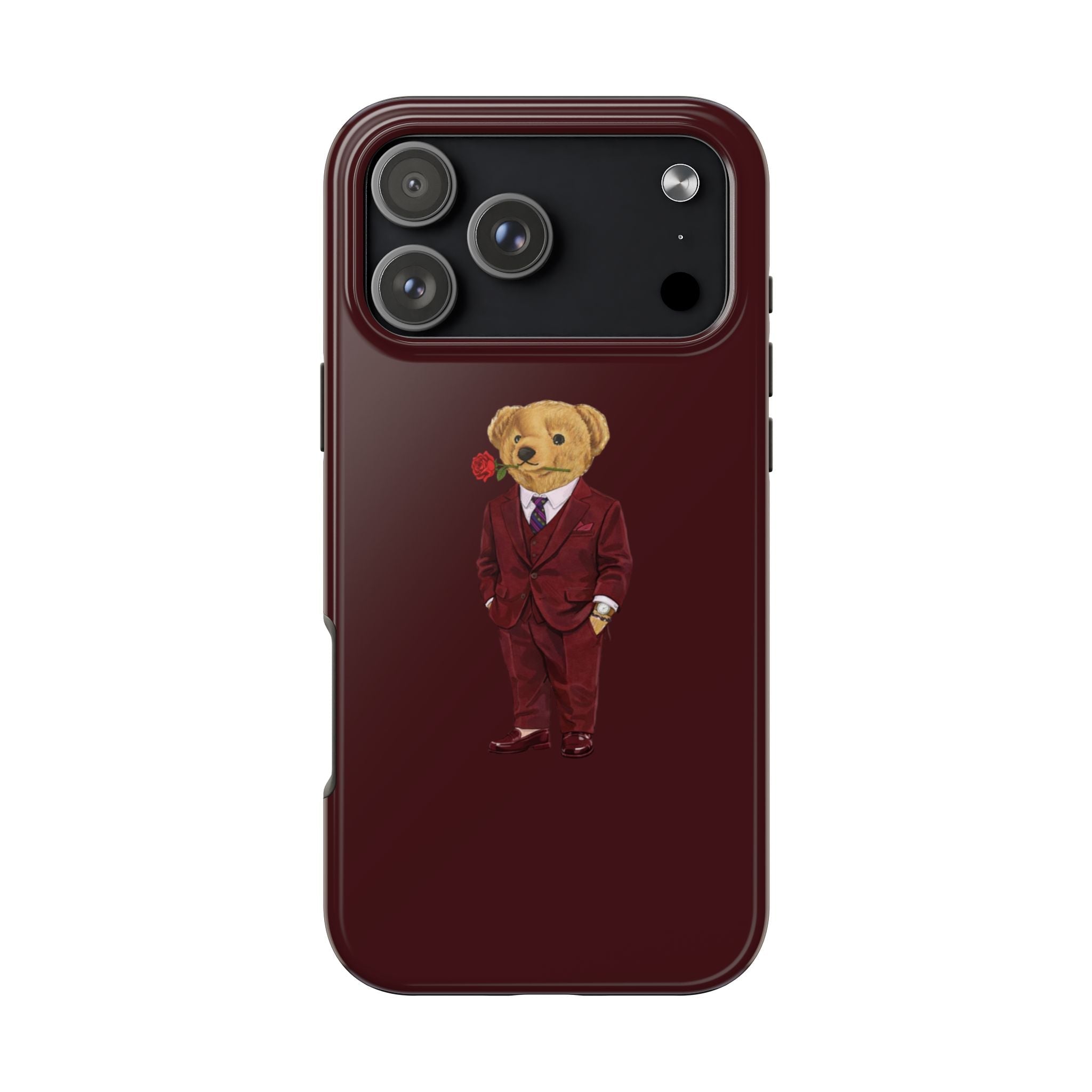 Maroon phone case back with teddy bear in red suit and rose near center