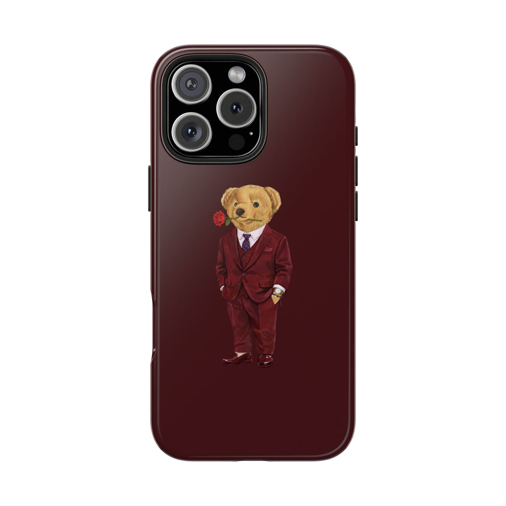 Red phone case with teddy bear in red suit holding a rose on the back