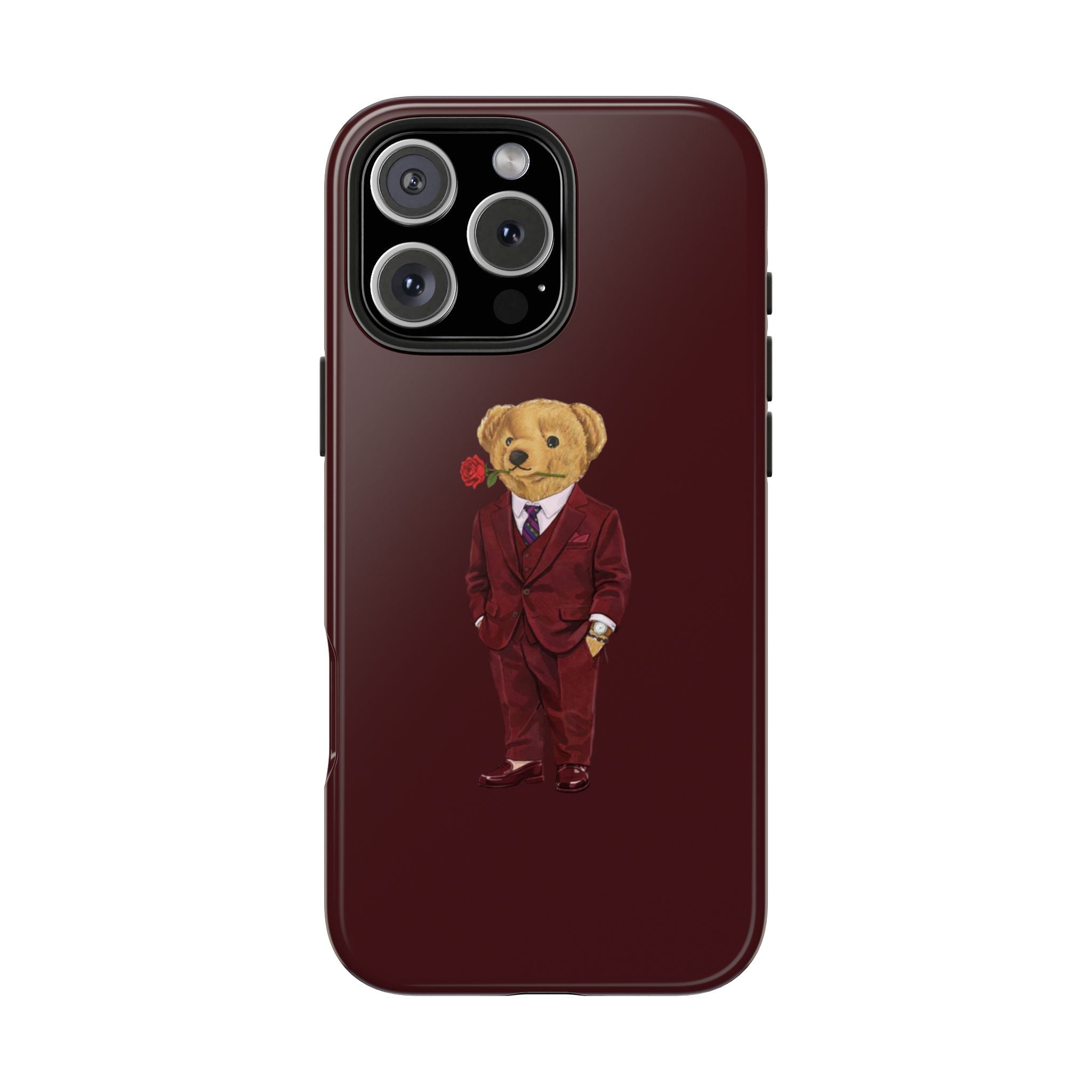 Red phone case with teddy bear in red suit holding a rose on the back