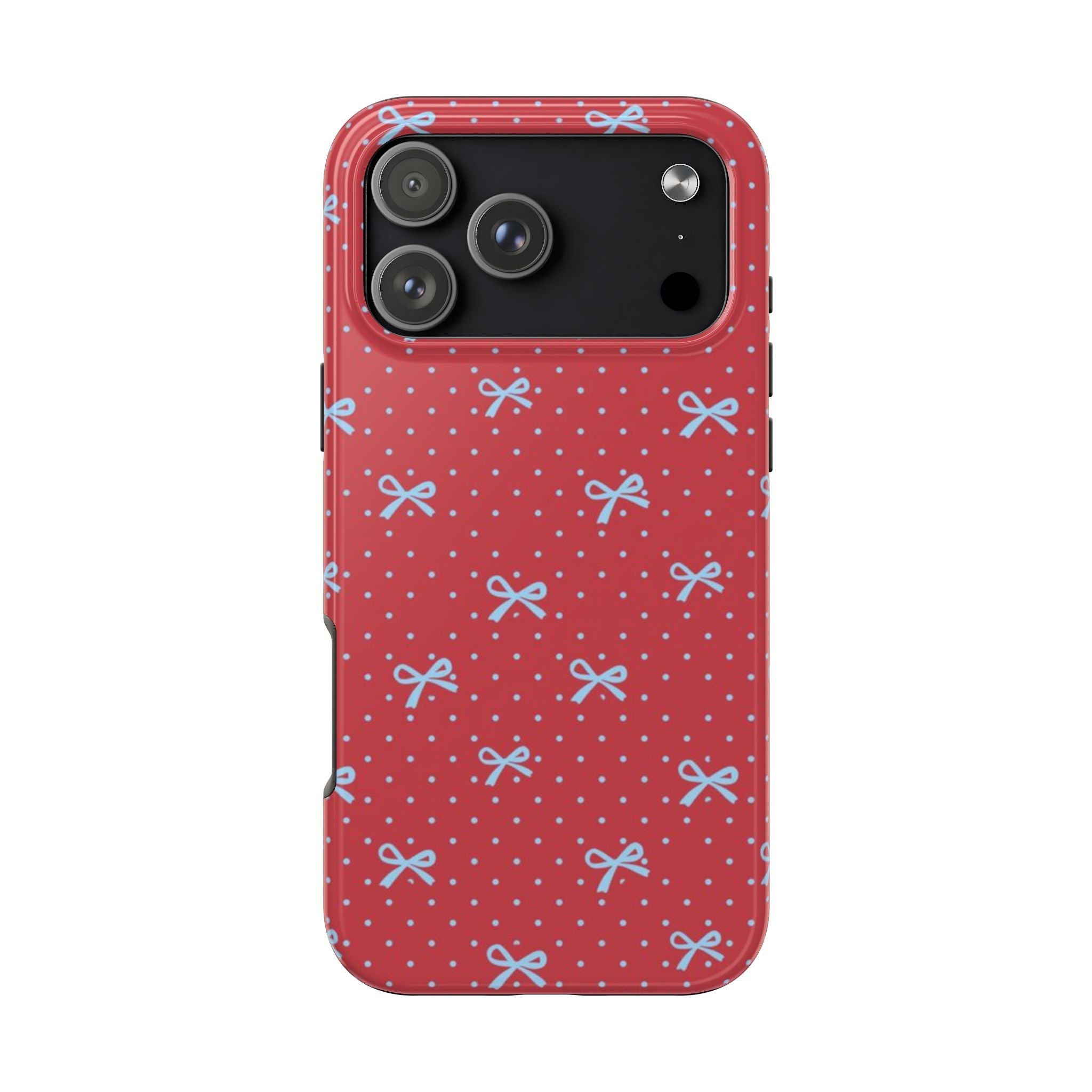 Red polka-dot phone case with blue bow pattern and camera cutout