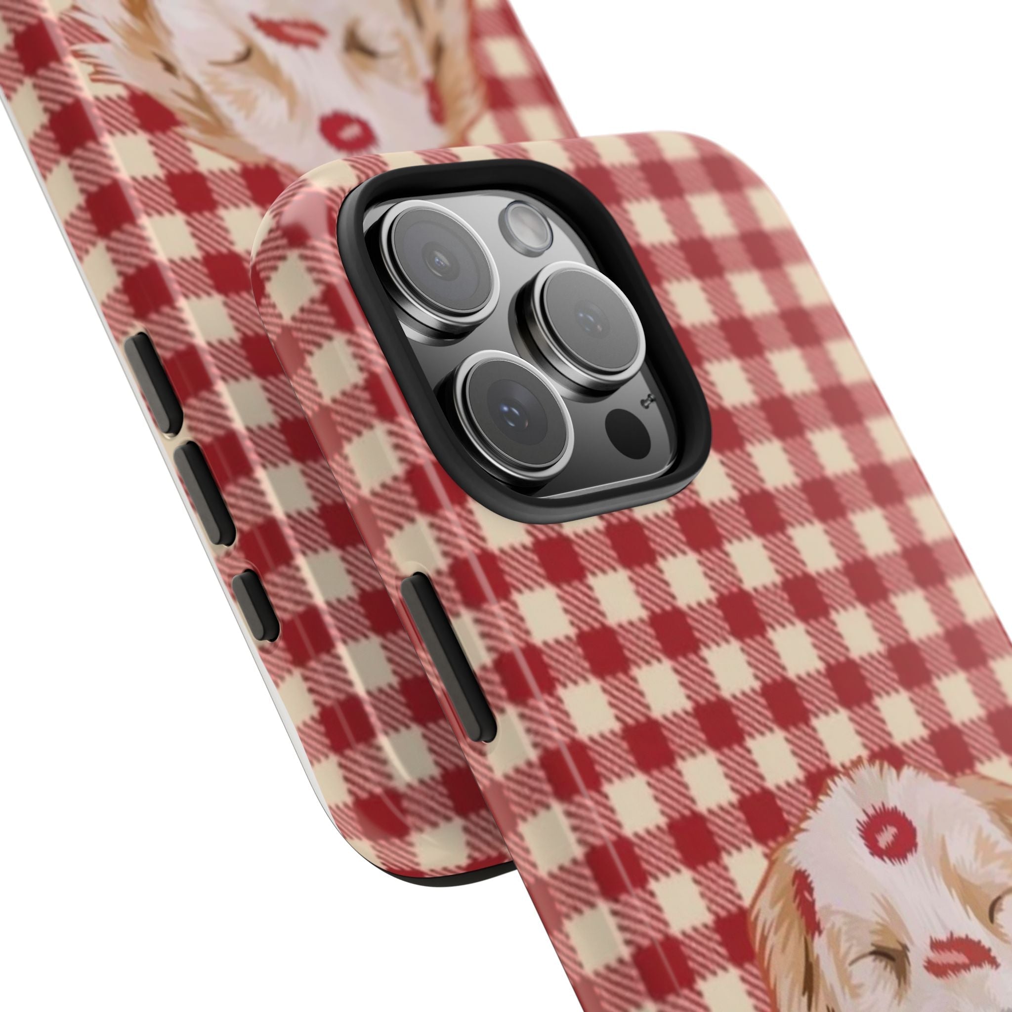 Side view phone case with red and cream gingham pattern and golden retriever near camera cutout