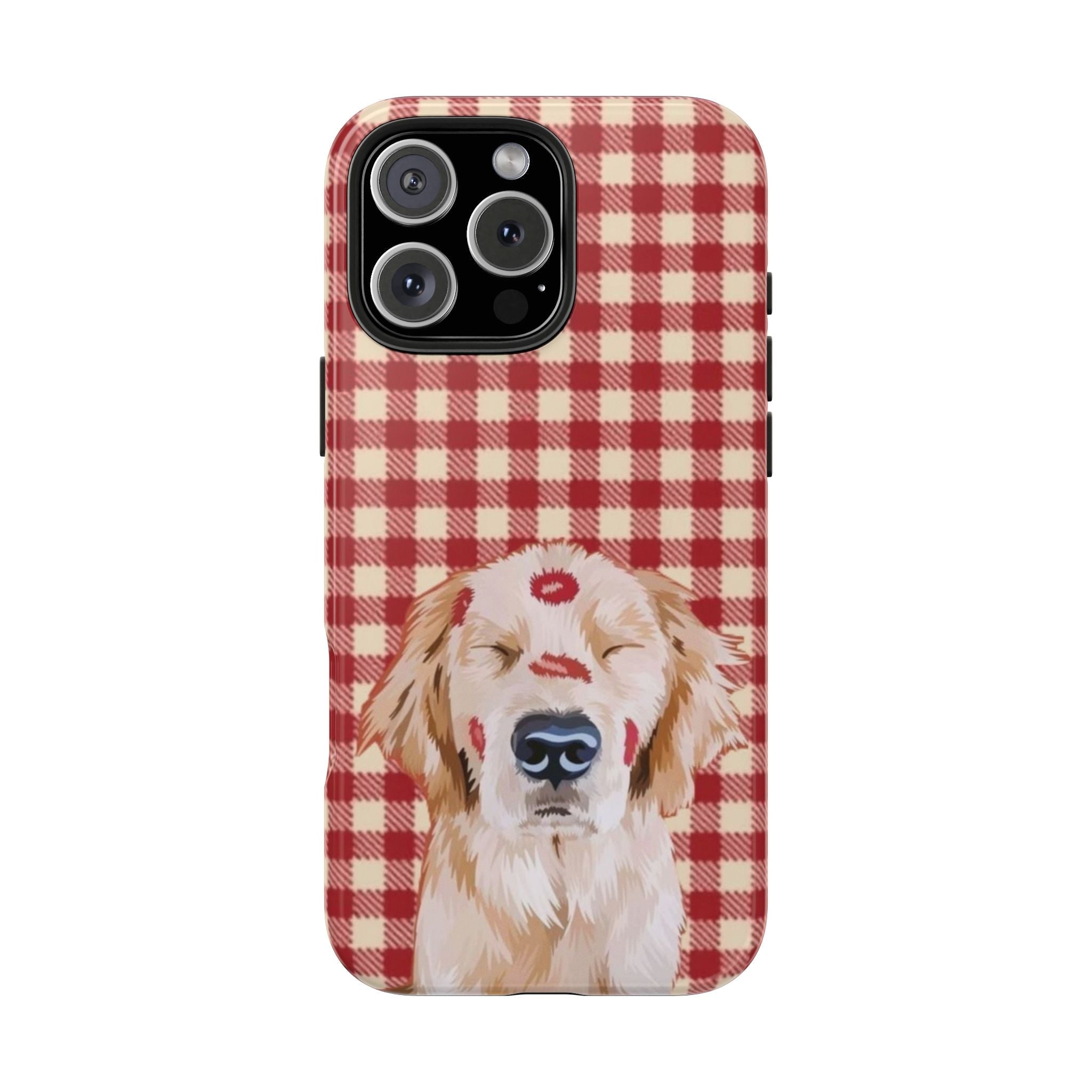 Red and cream gingham phone case with golden retriever face graphic on the front