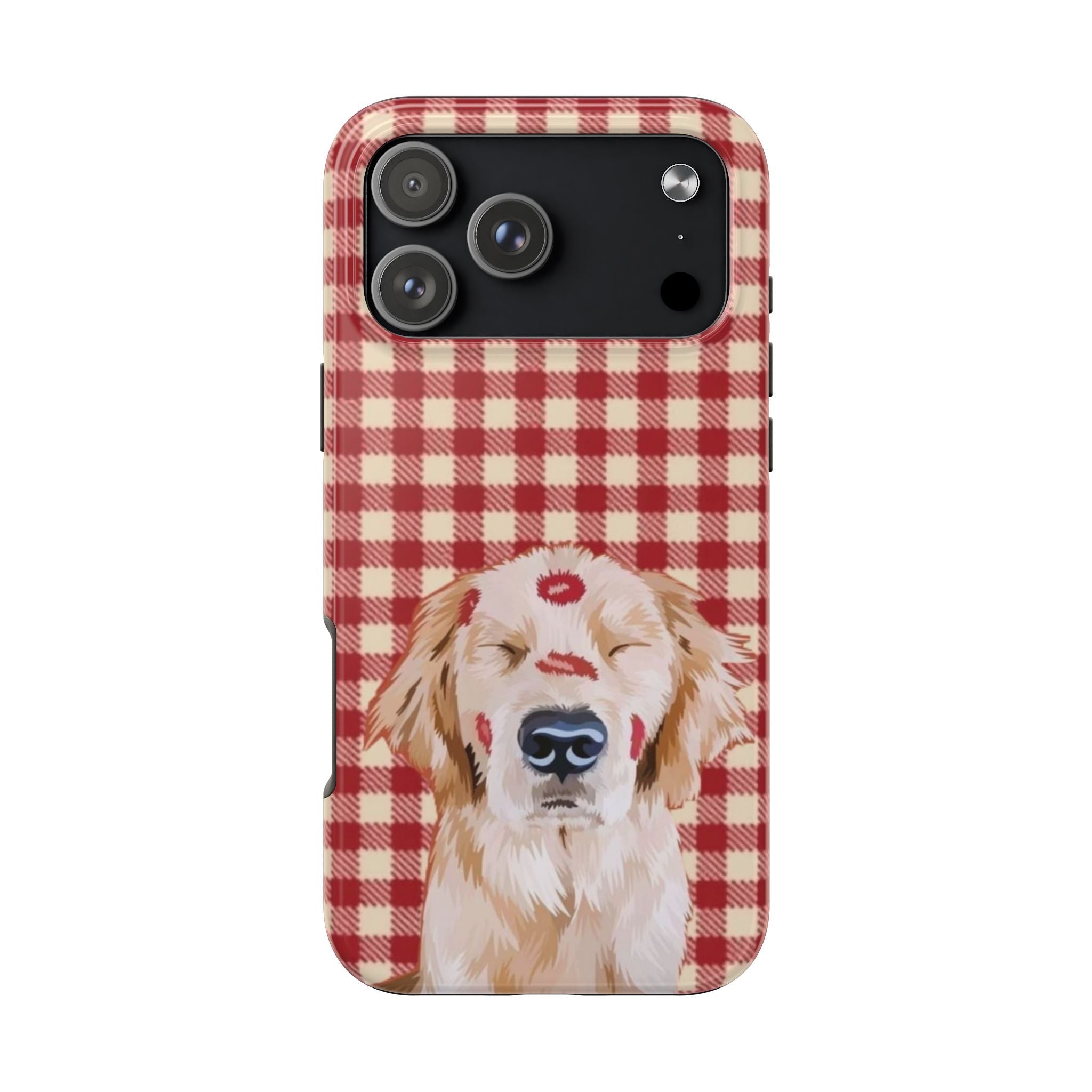 Red and cream gingham phone case with golden retriever graphic and red nose detail