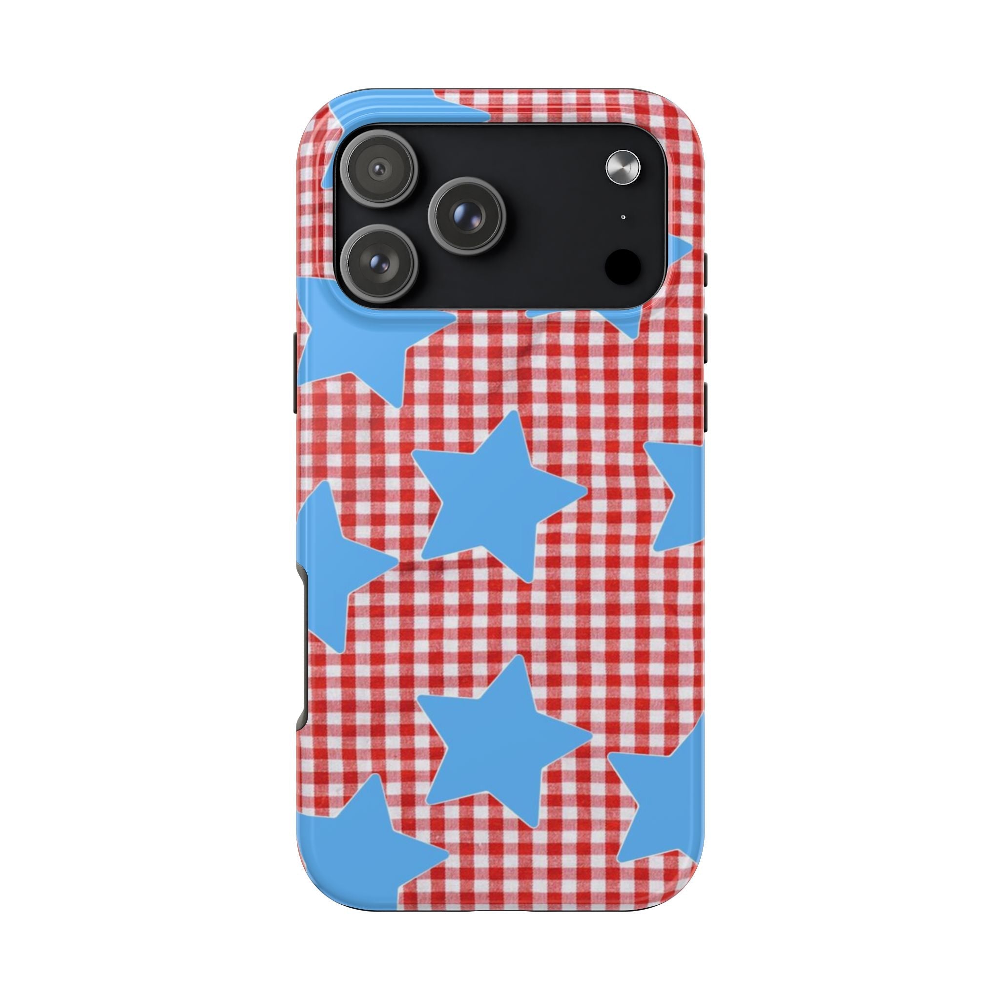 Red gingham phone case with blue star pattern and camera cutouts, blue bumper edge