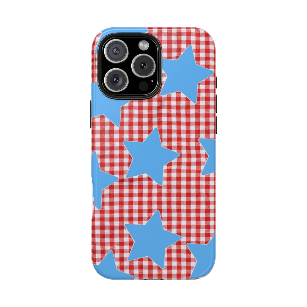 Red gingham phone case with scattered blue stars and black camera cutout window