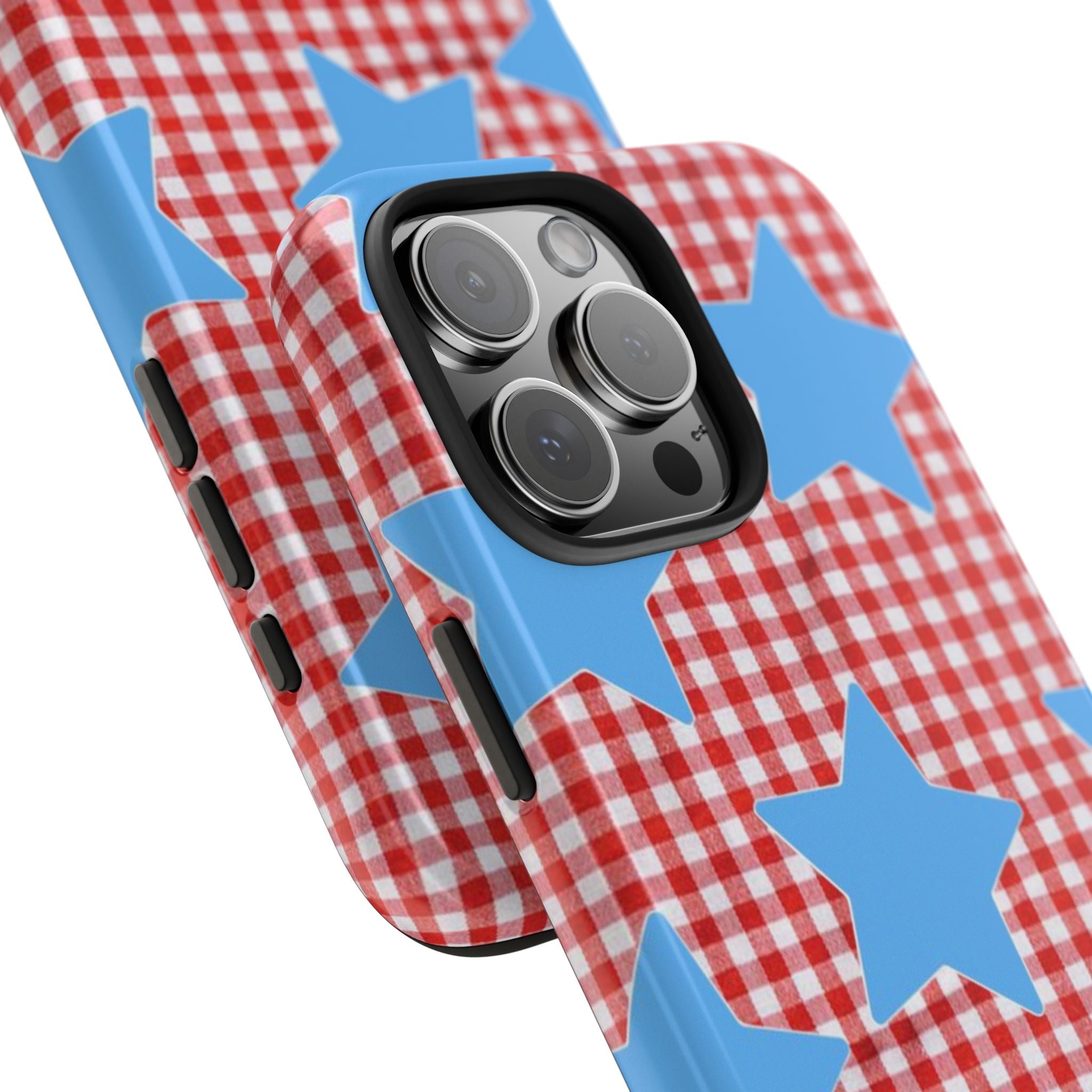 Close view of red gingham phone case with blue stars, camera lenses, and side cutouts
