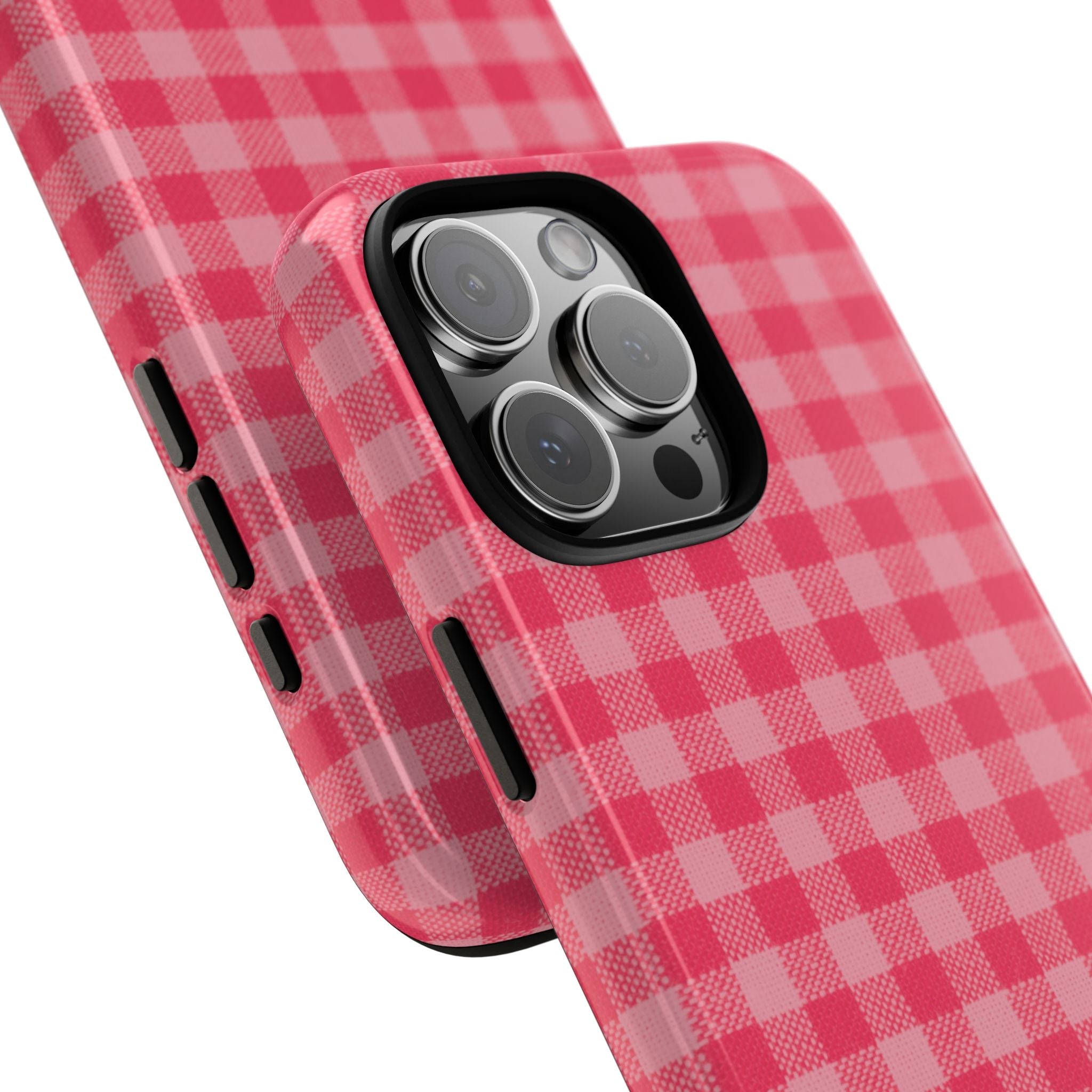 Red gingham phone case with side button cutouts and camera opening