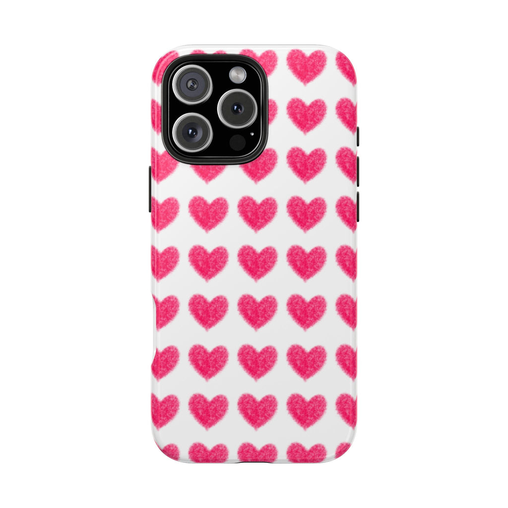 White phone case covered in pink hearts with camera cutout and side edge openings