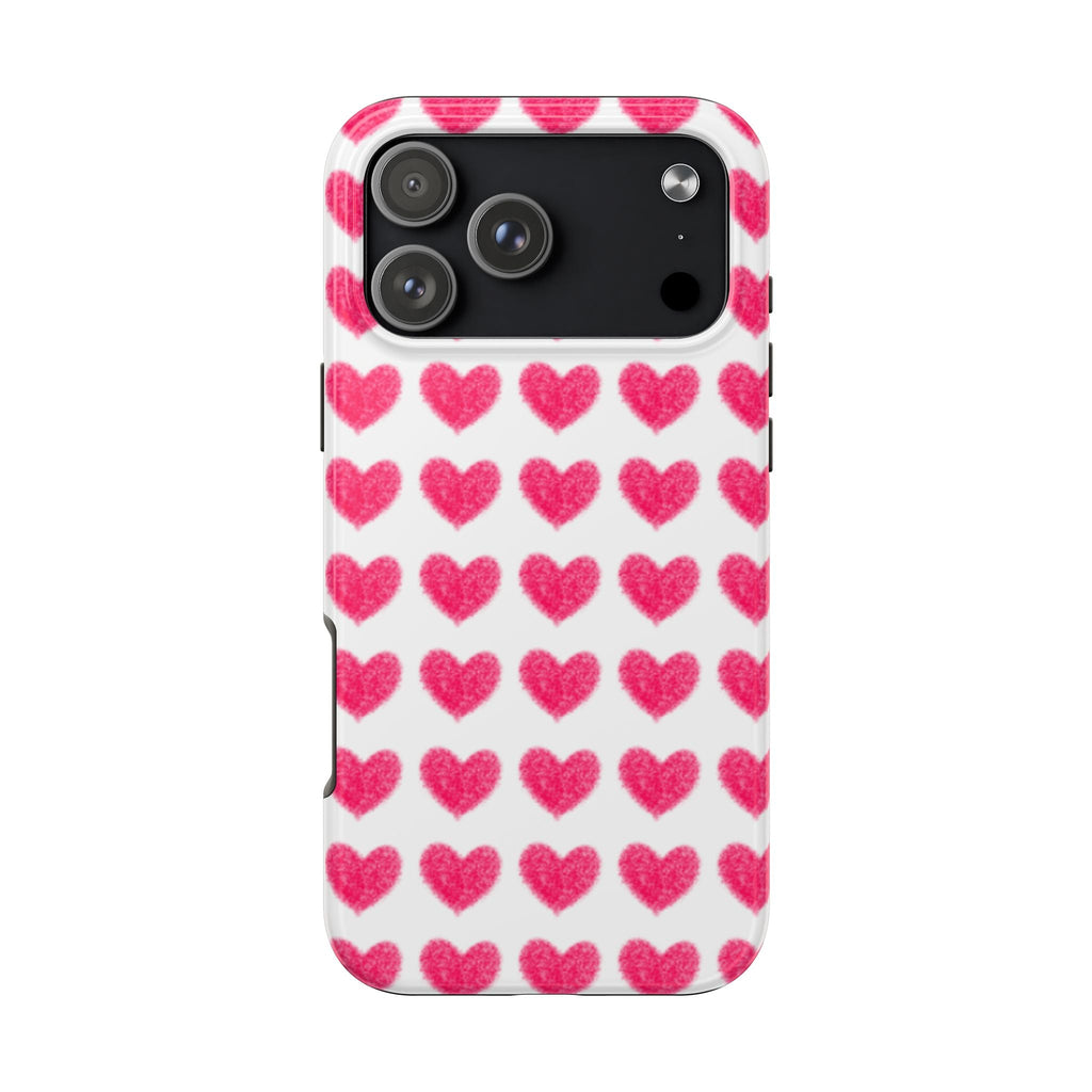 Phone case with pink heart pattern on white background, cutouts for camera and flash