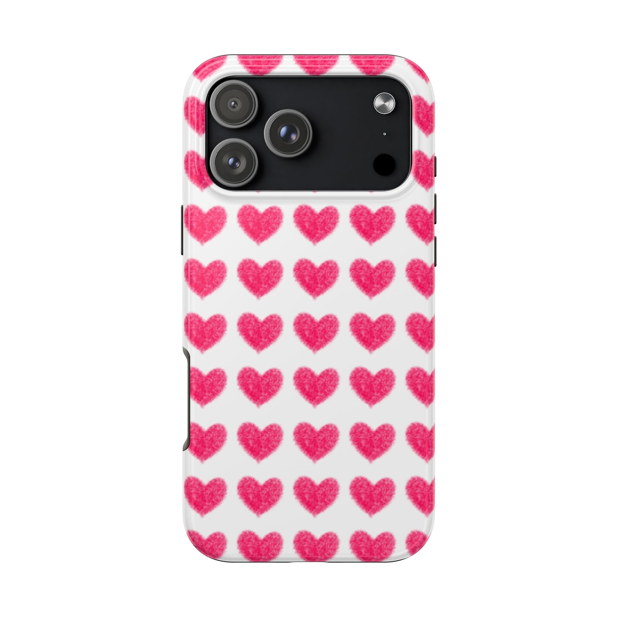 Phone case with pink heart pattern on white background, cutouts for camera and flash