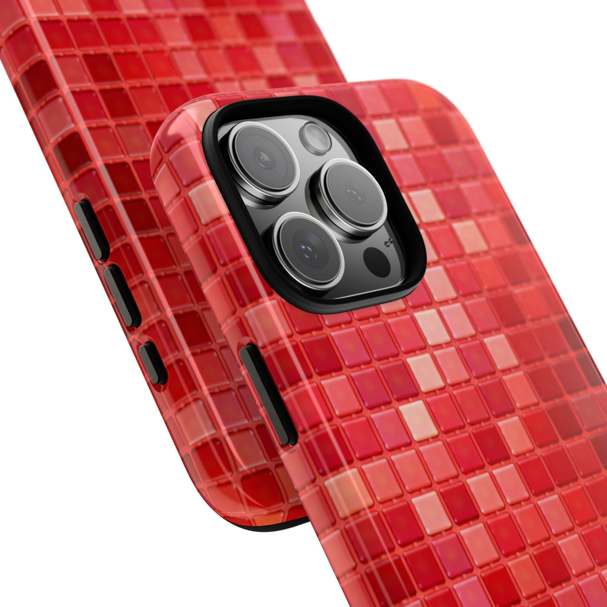 Red mosaic phone case edge view, textured brick pattern and camera bump protection