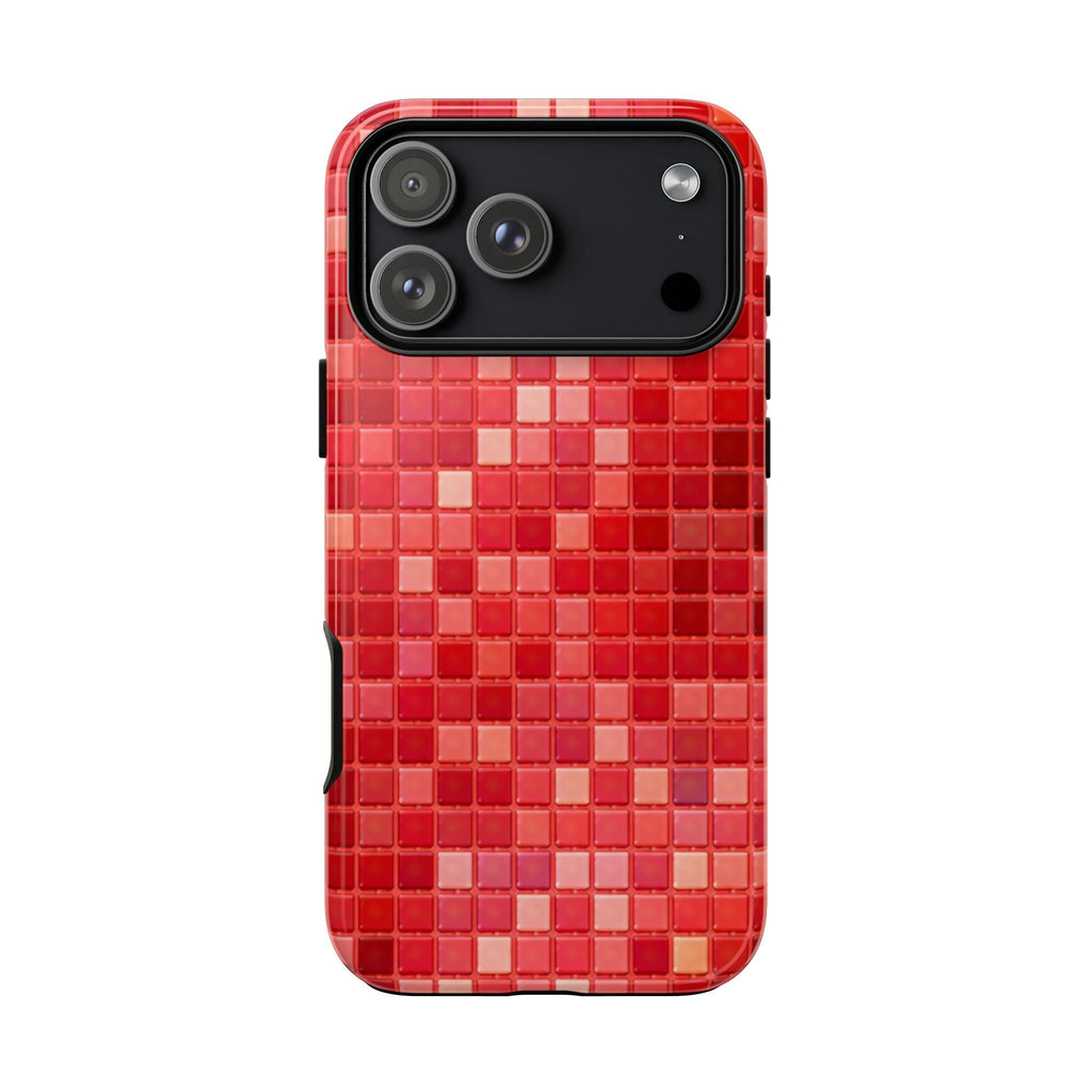 Red mosaic phone case back, smooth black camera panel with cutouts
