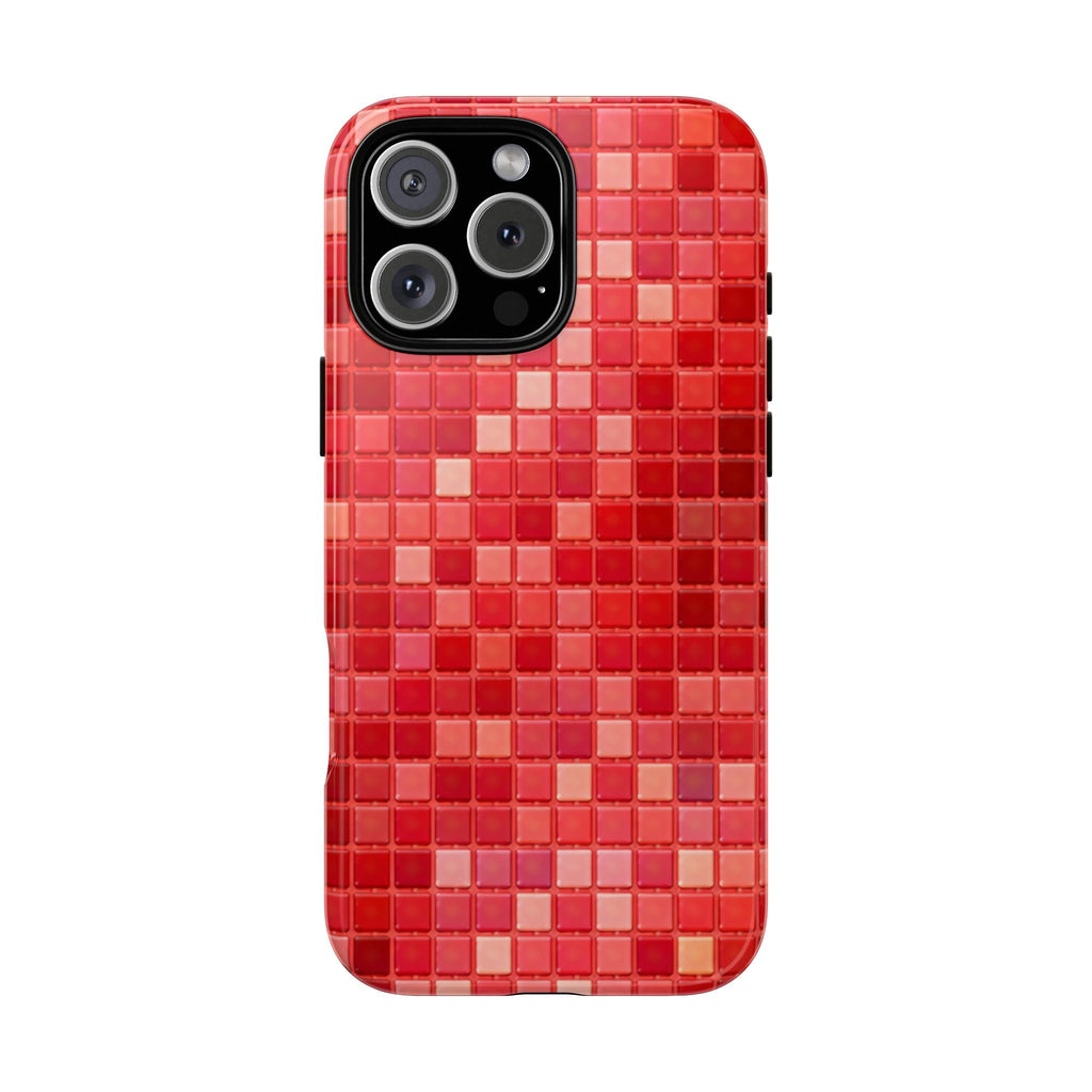 Red mosaic phone case with raised camera cutouts