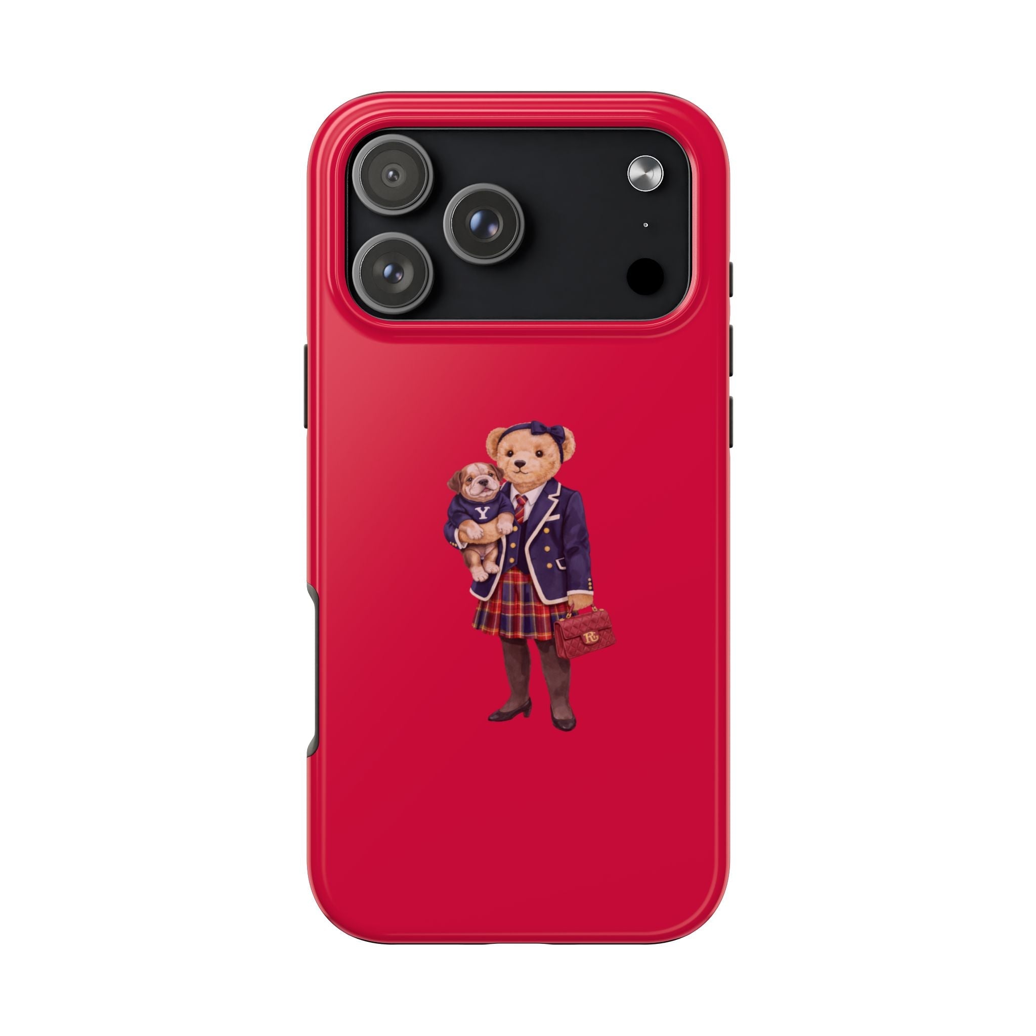 Red phone case with teddy bear figure graphic and camera lens cutout openings