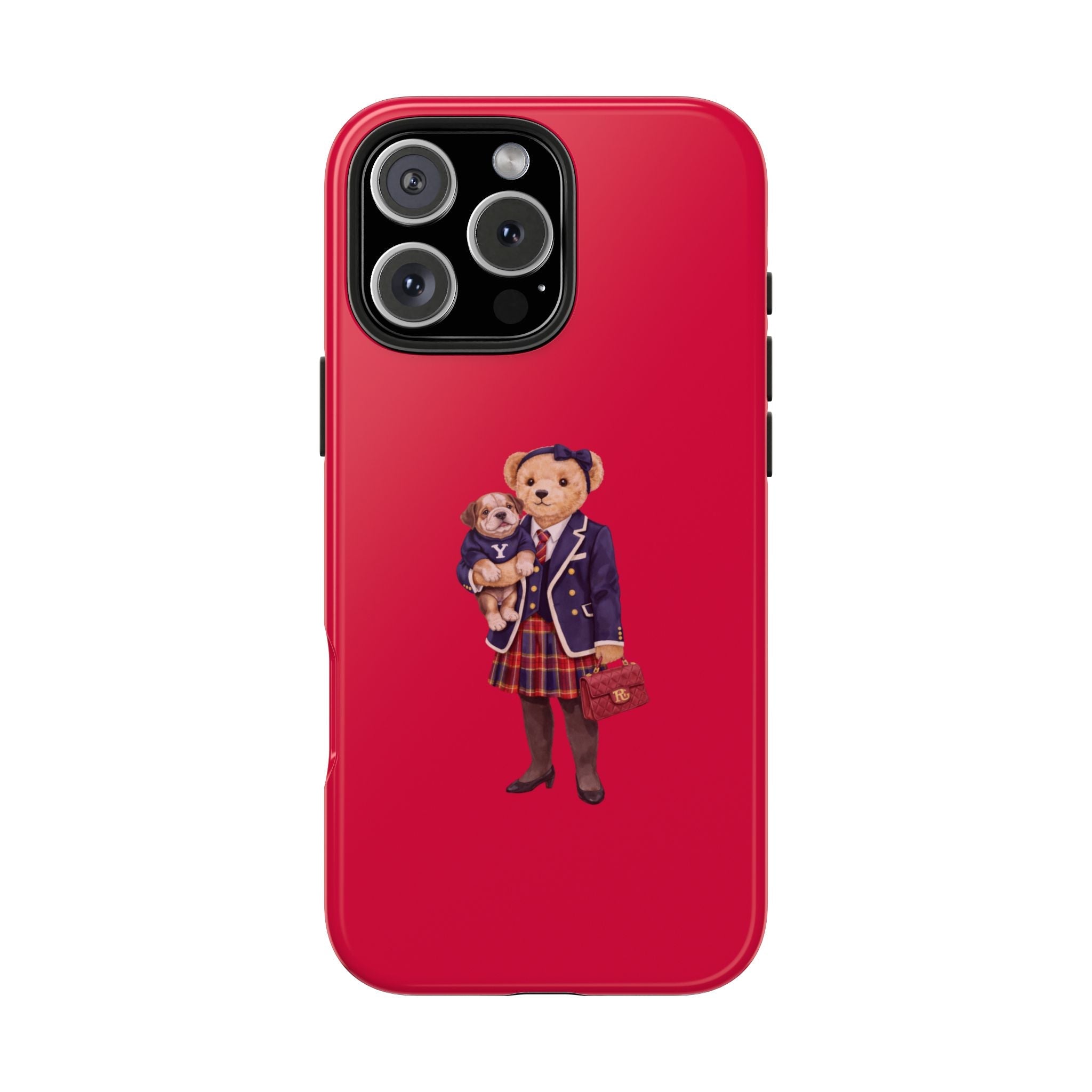Red phone case with teddy bear in Yale-style jacket graphic, camera cutouts