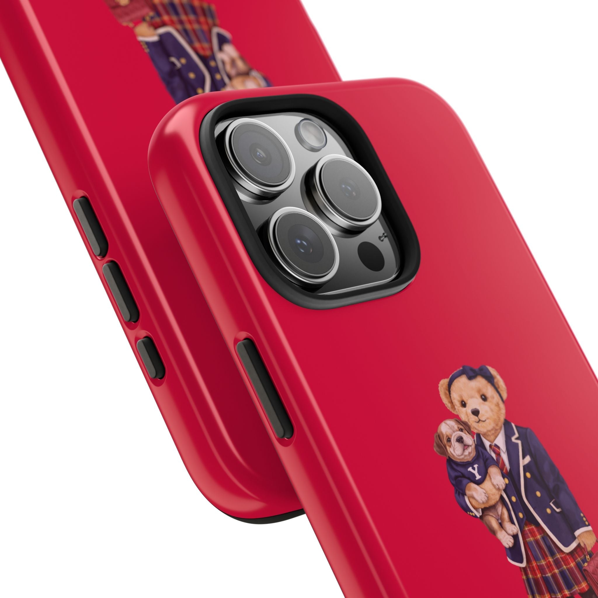 Red phone case with teddy bear graphic, raised camera bump and side button cutouts