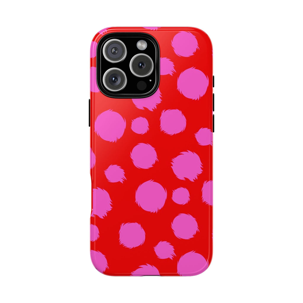 Red phone case with pink cheetah dot pattern and camera cutout