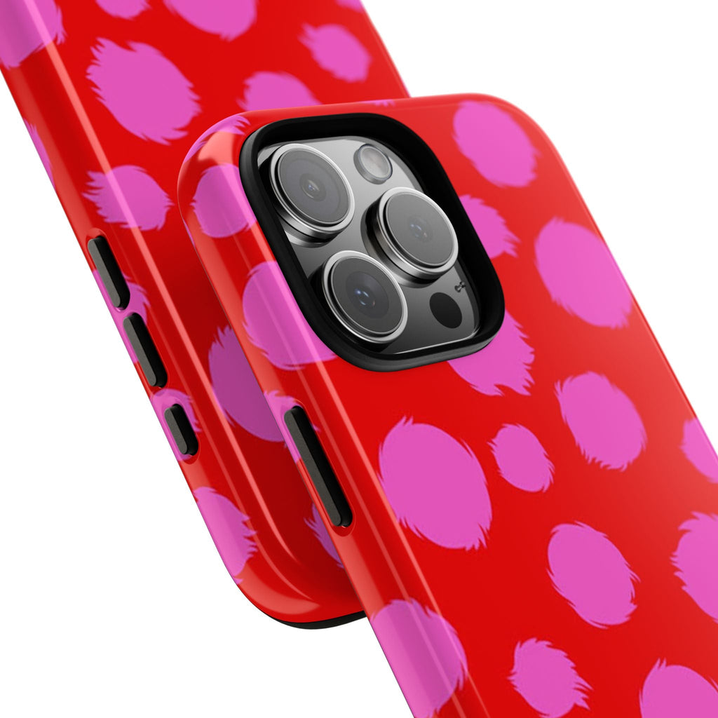 Red and pink cheetah dot phone case corner view with camera module cutout