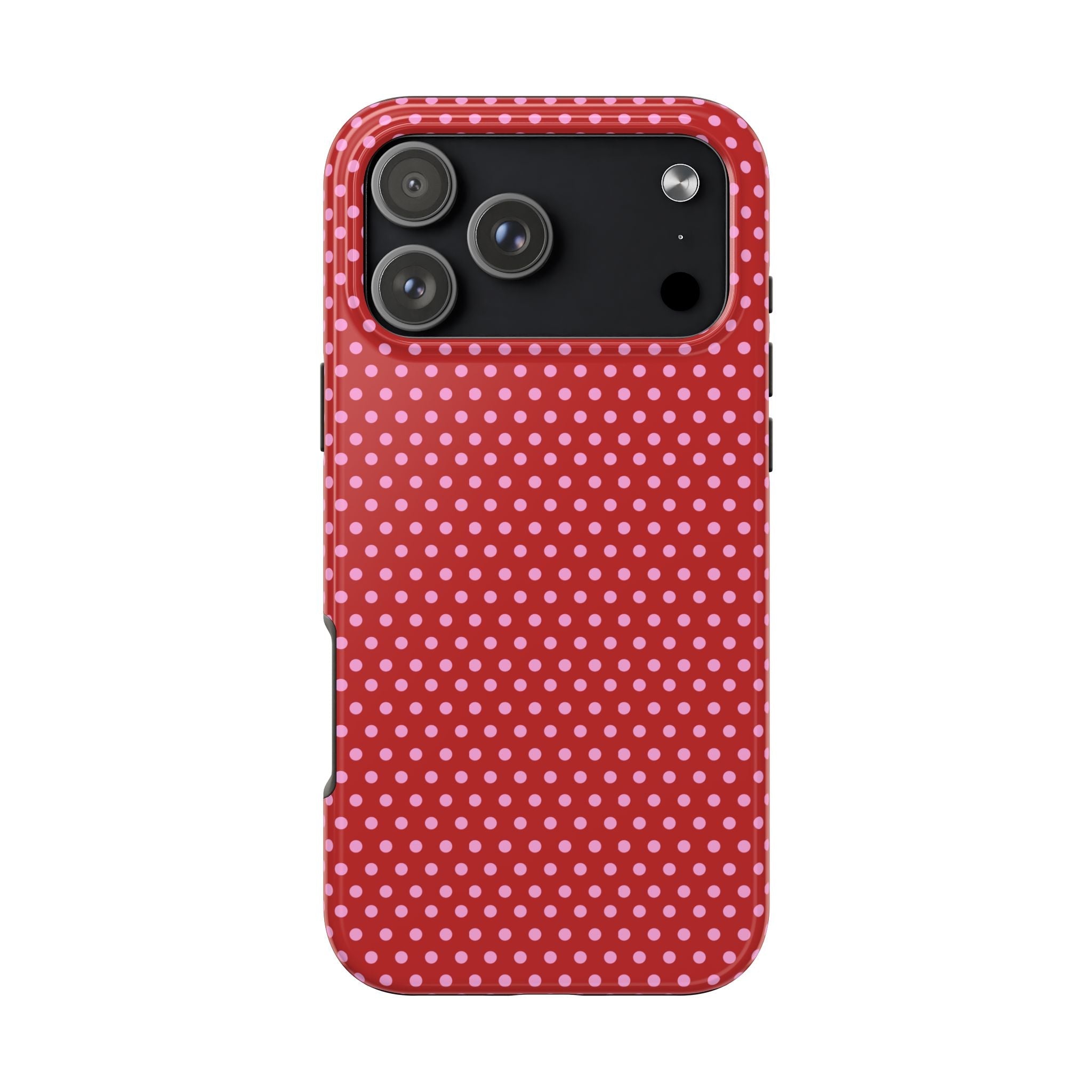 Red and pink polka dot phone case with camera cutout and raised edges
