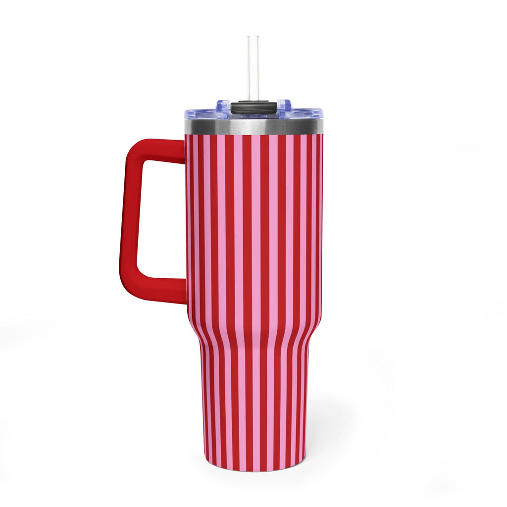Red and pink striped 40oz tumbler with clear lid, straw, and red carry handle