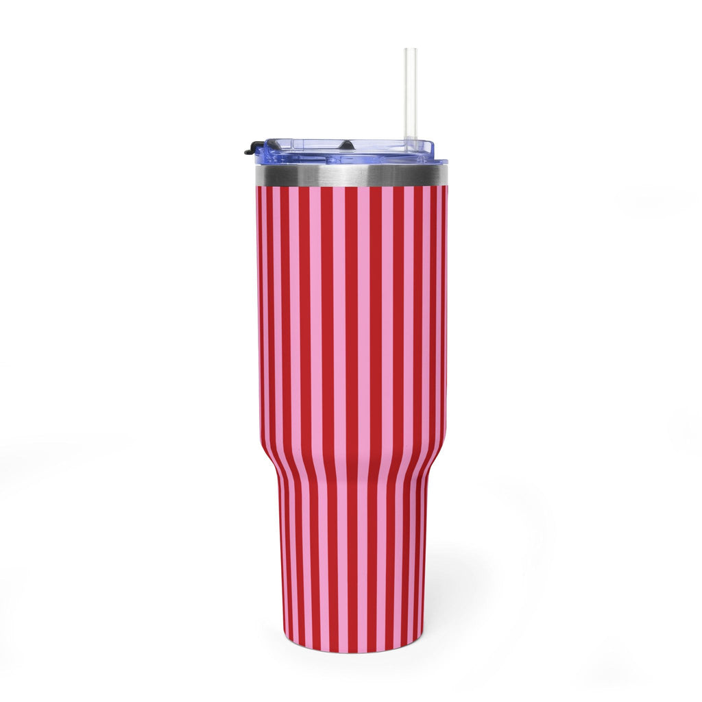 Red and pink striped stainless steel tumbler with clear lid and straw, no handle