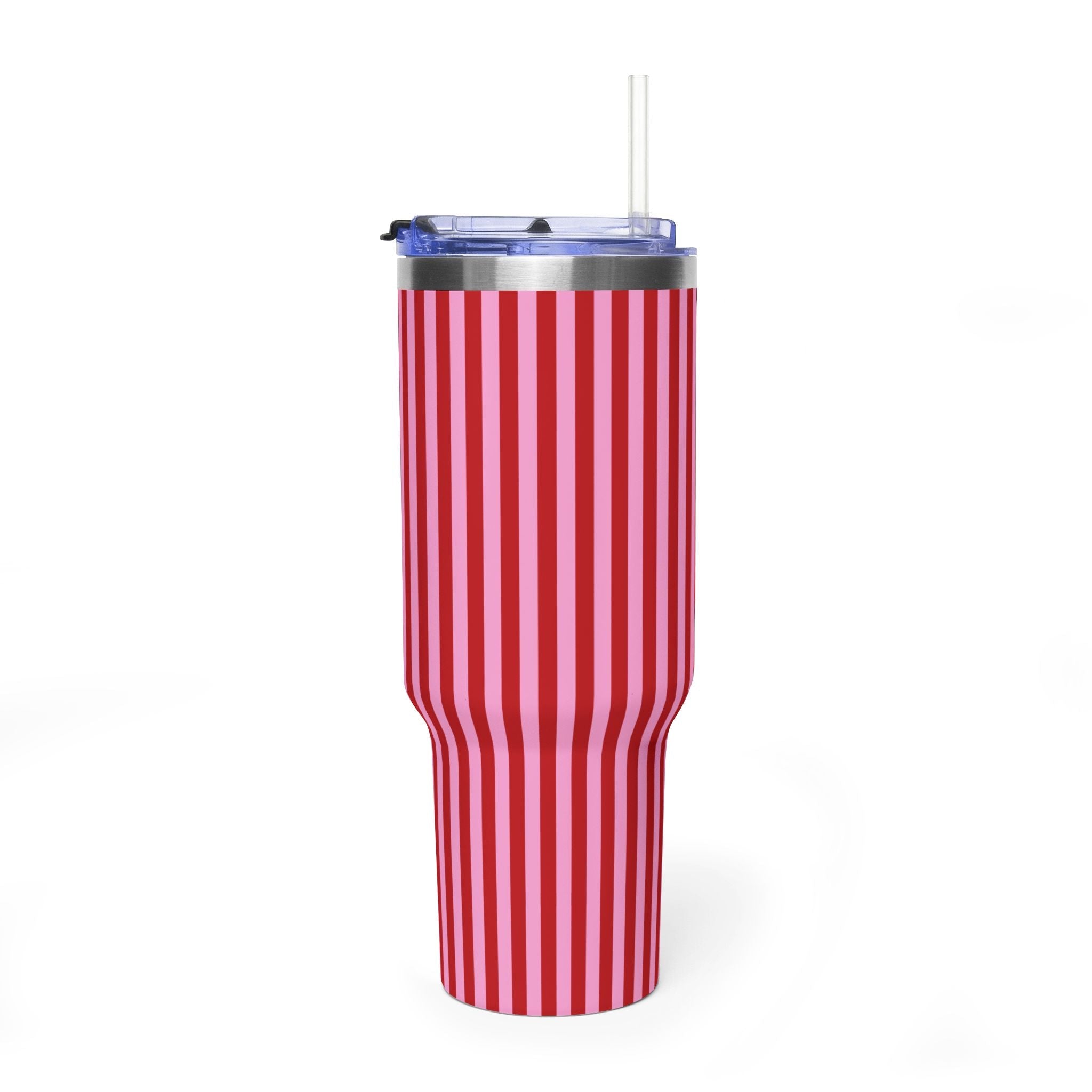 Red and pink striped stainless steel tumbler with clear lid and straw, no handle