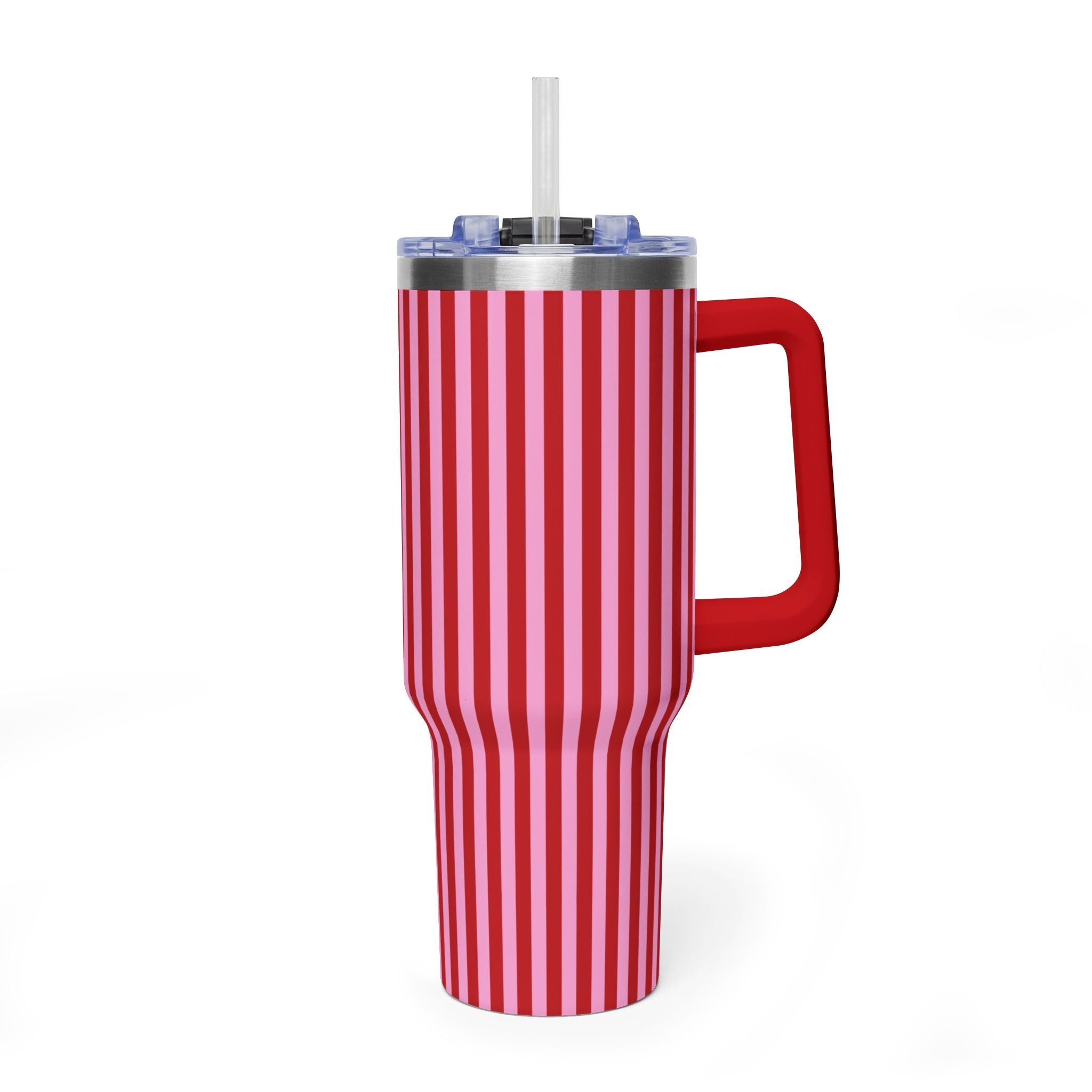 Red and pink striped 40oz stainless steel tumbler with clear lid and straw