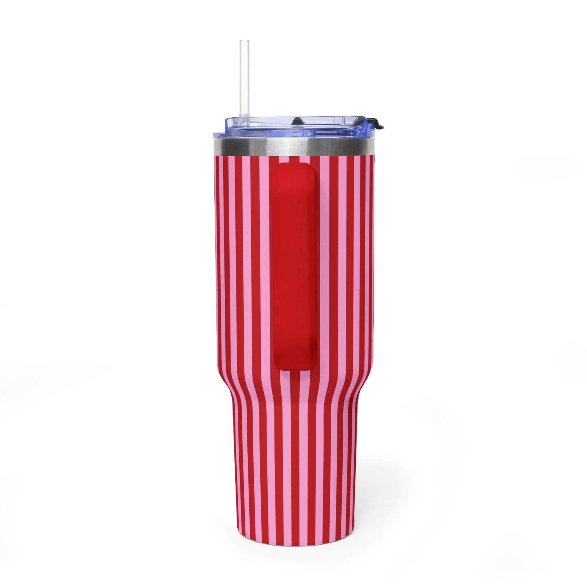 Red and pink striped stainless steel tumbler with clear lid, straw, and red panel