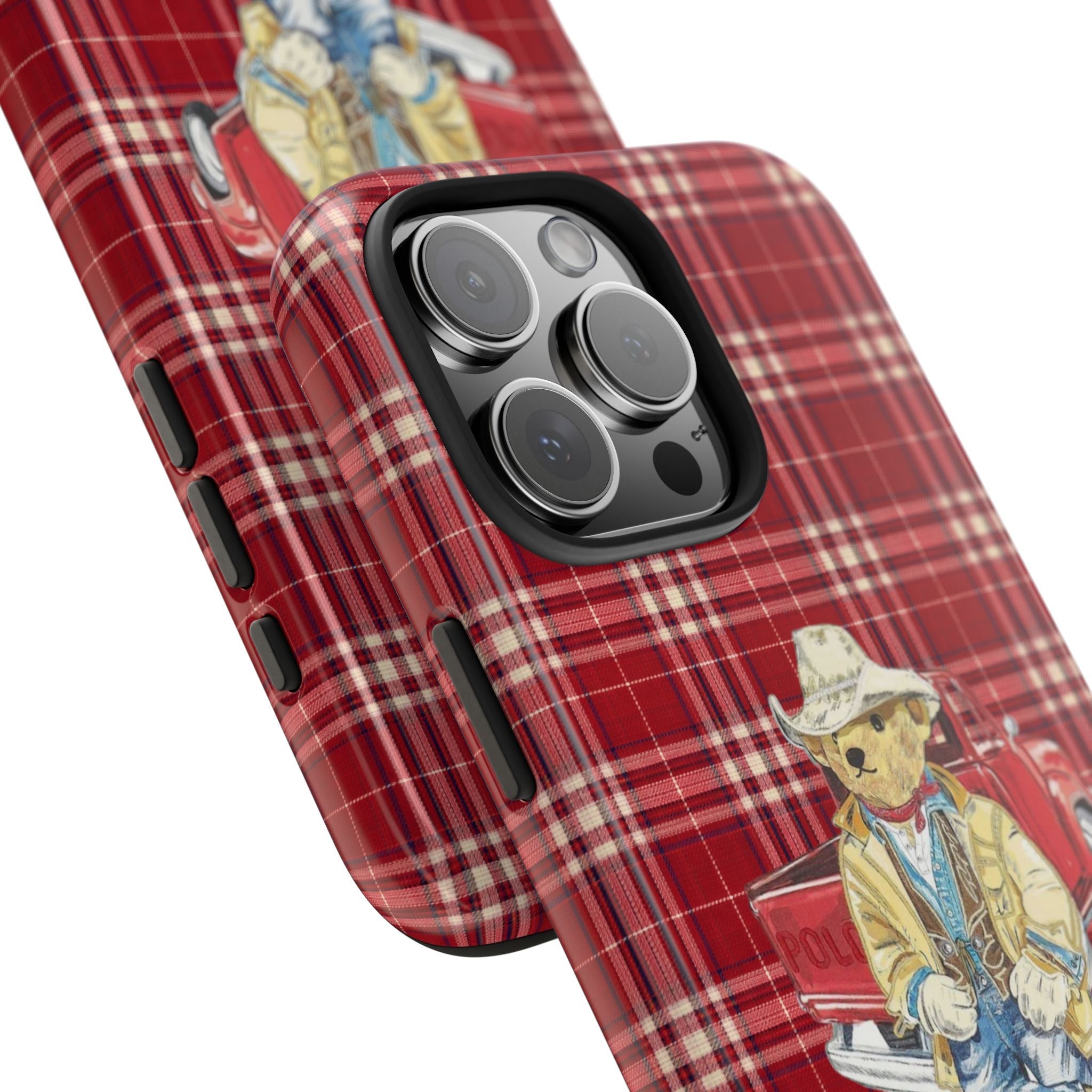 Red plaid phone case close-up with cowboy teddy bear patch and side cutouts