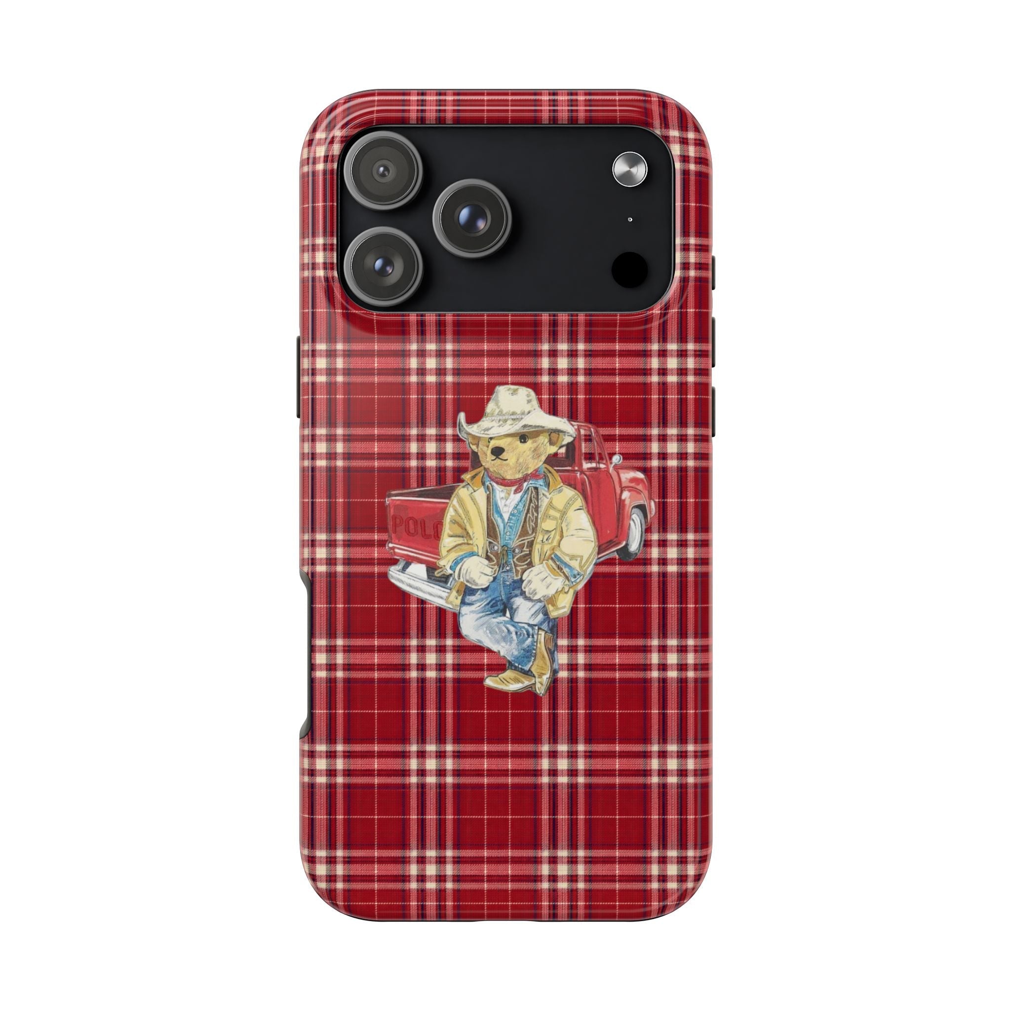 Red plaid phone case with cowboy teddy bear graphic and camera cutouts
