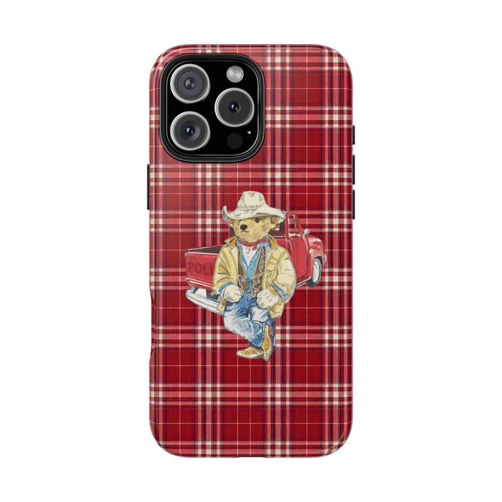 Red plaid cowboy teddy bear phone case, front view with camera lens covers