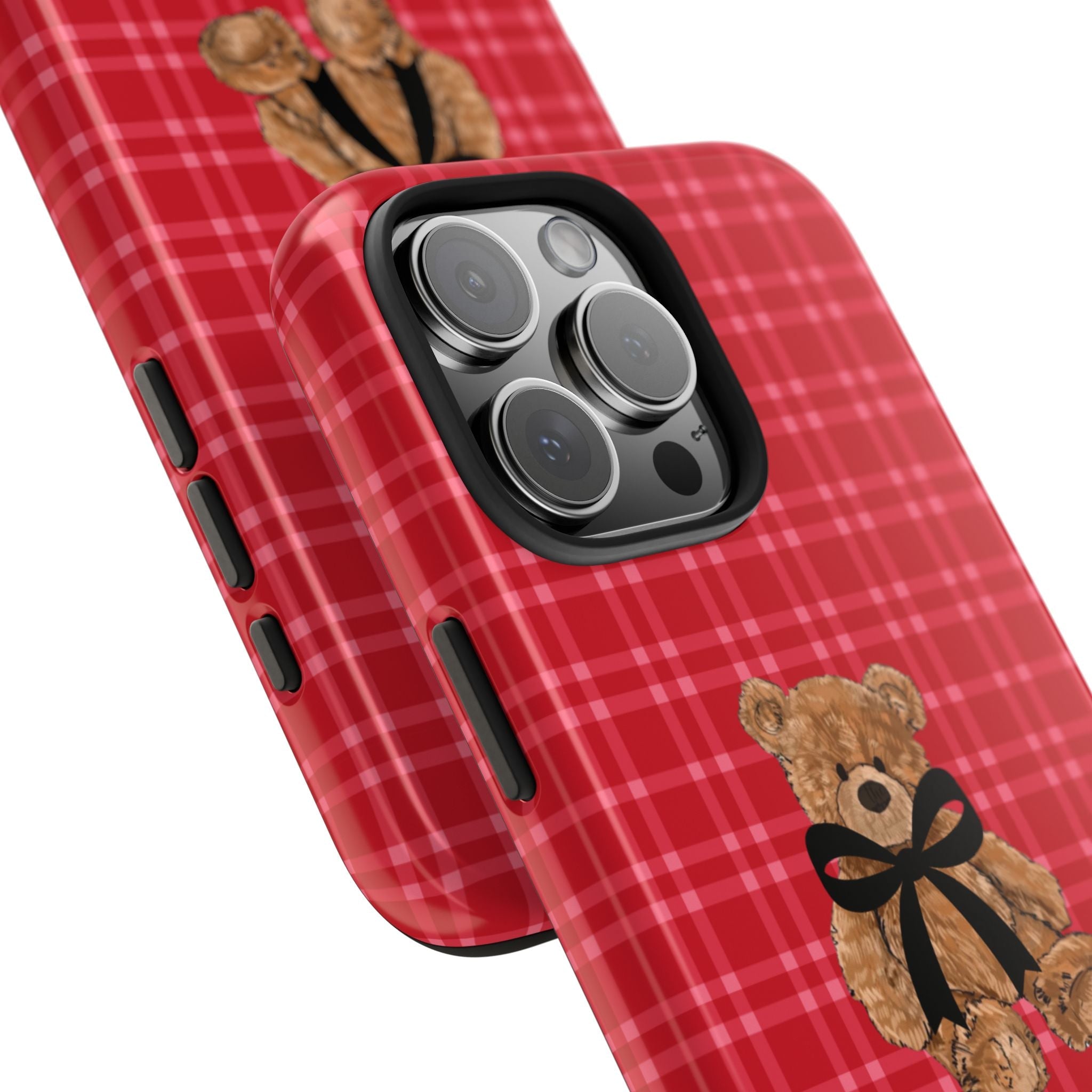Red plaid phone case side buttons and camera cutout with teddy bow detail
