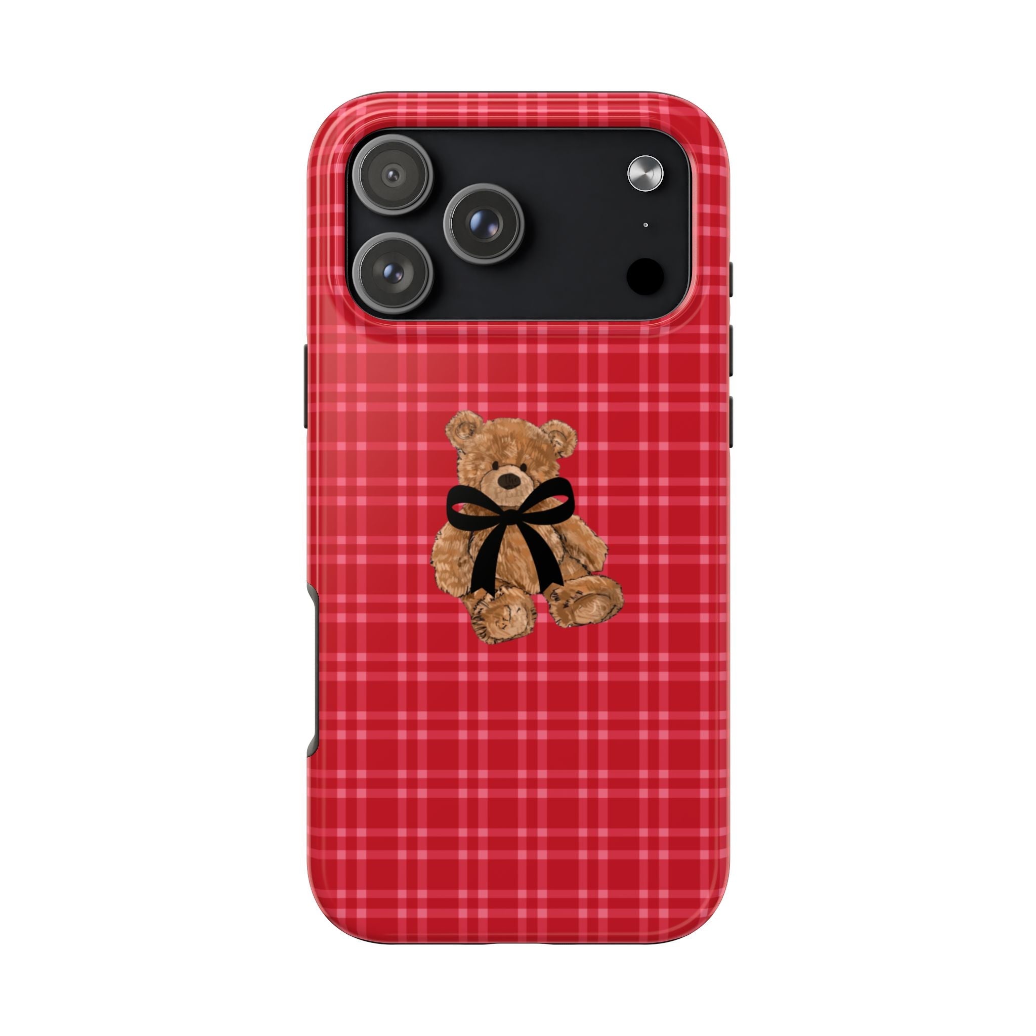 Red plaid phone case with teddy bear bow, camera cutout