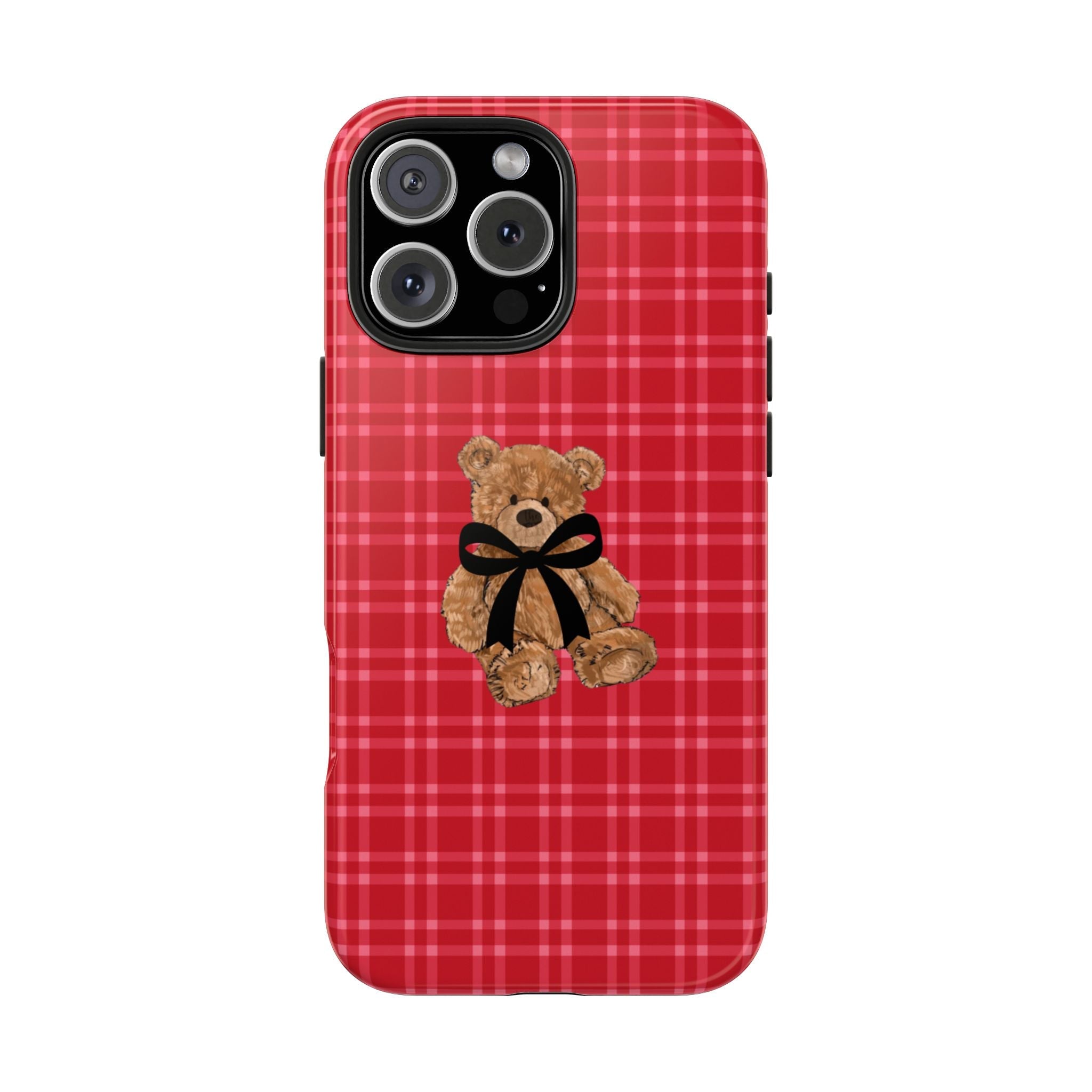 Red plaid phone case with full teddy bear bow graphic, centered on back