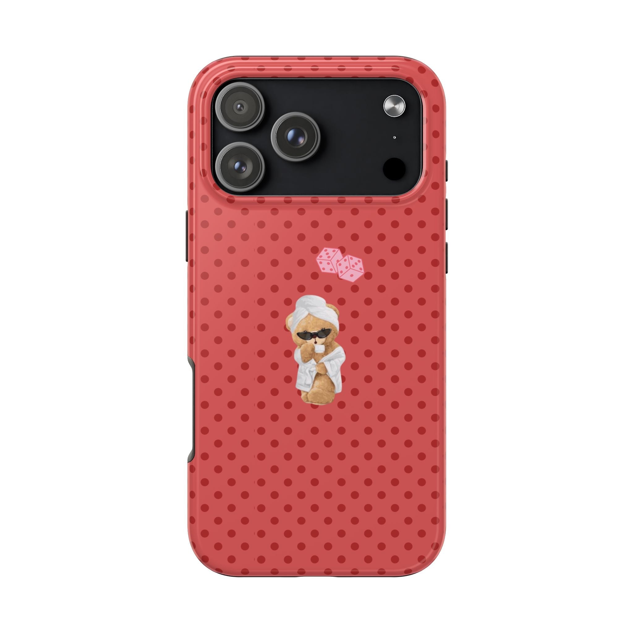 Red polka-dot phone case with teddy bear graphic and cube icon