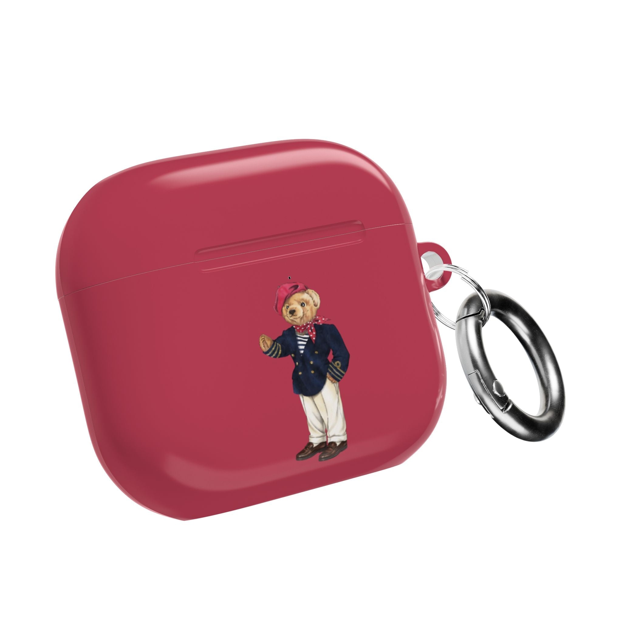Red AirPods case, back view with teddy bear graphic and metal keyring