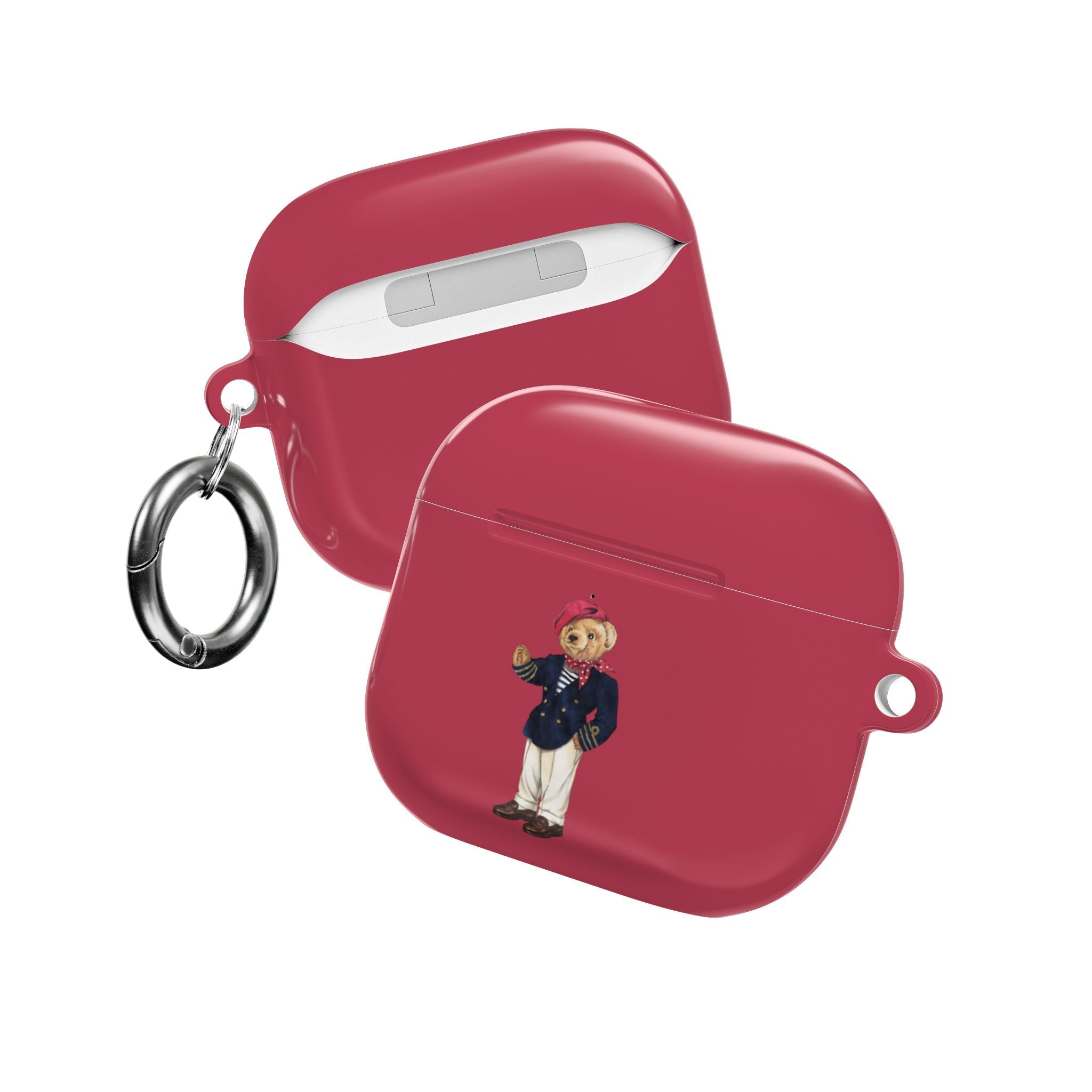 Red AirPods case with teddy bear graphic and metal keyring, side profile