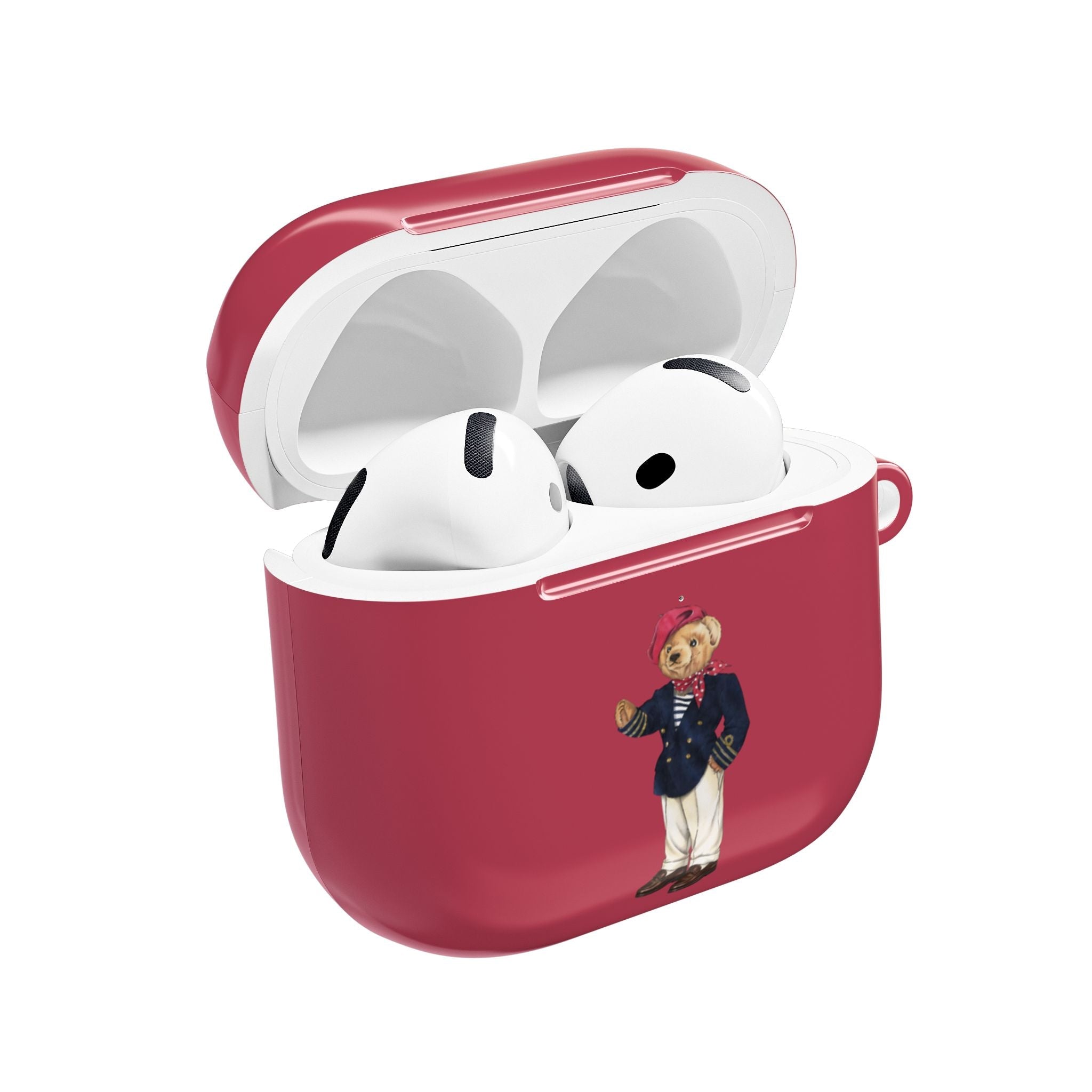 Red AirPods case with teddy bear graphic, open lid showing white earbuds