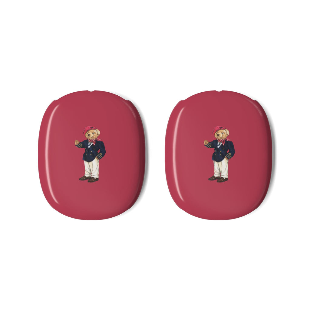 Pair of red earcup case covers with teddy bear character print
