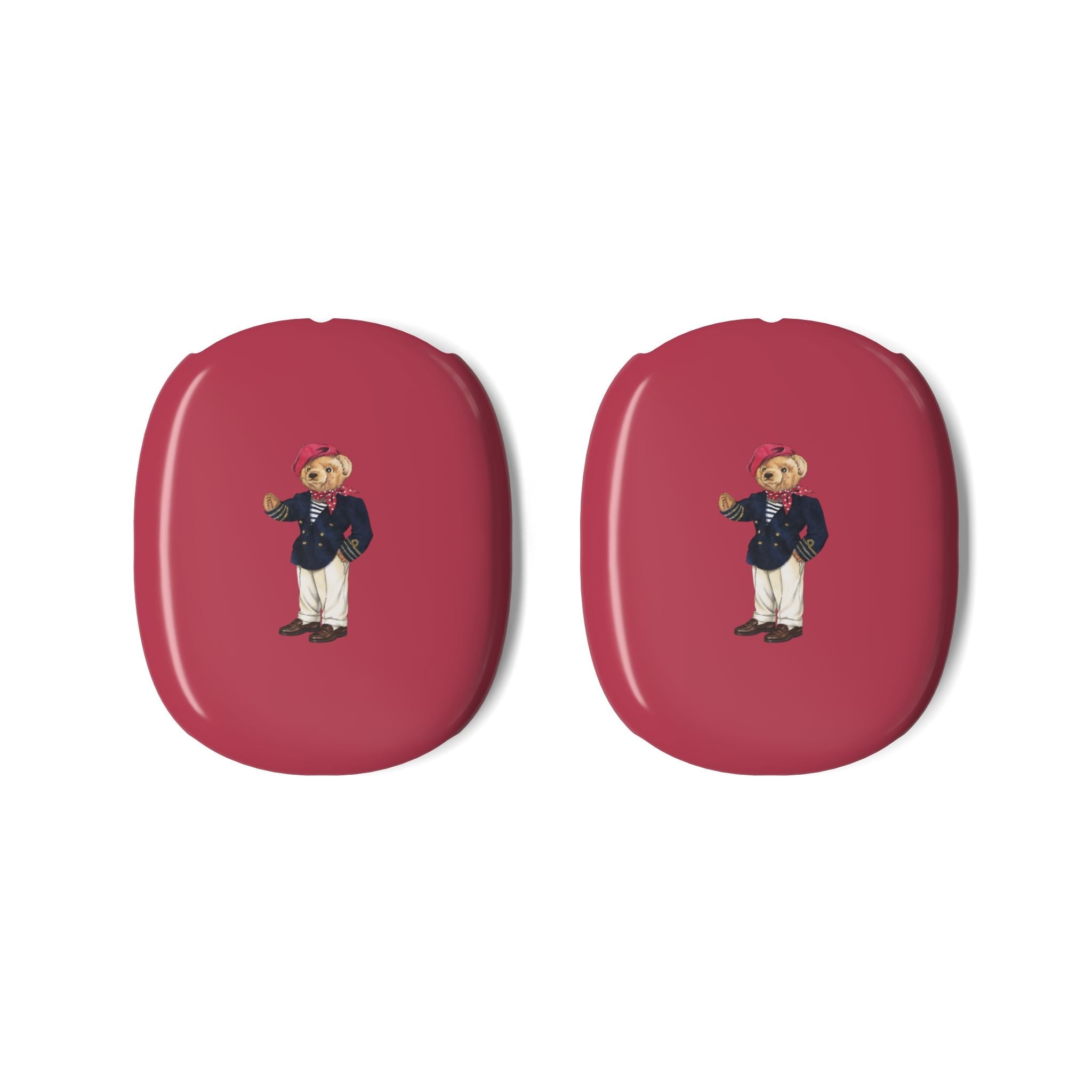 Pair of red earcup case covers with teddy bear character print