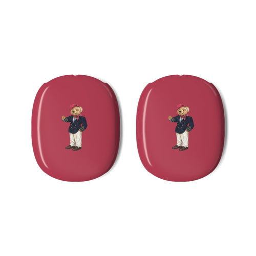 Pair of red earcup case covers with teddy bear character print