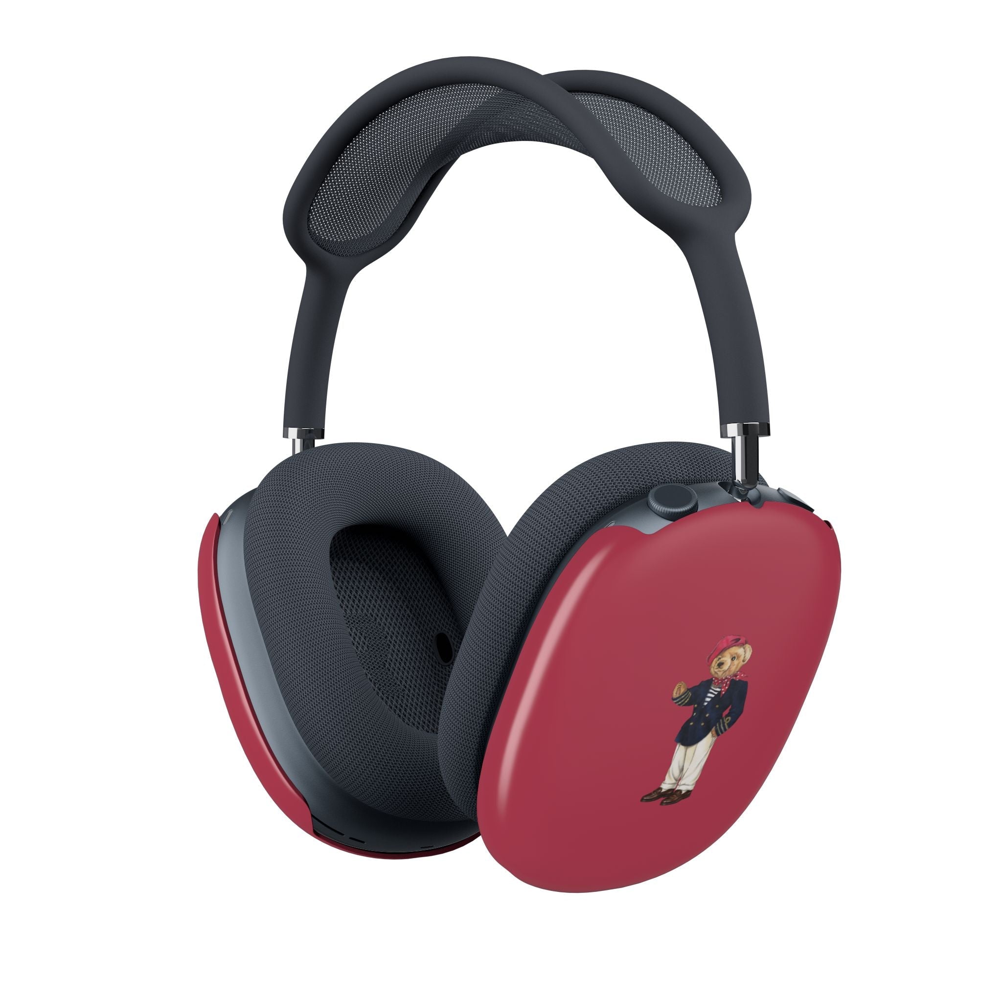 Red AirPods Max earcup covers with teddy bear graphic on navy-gray cups