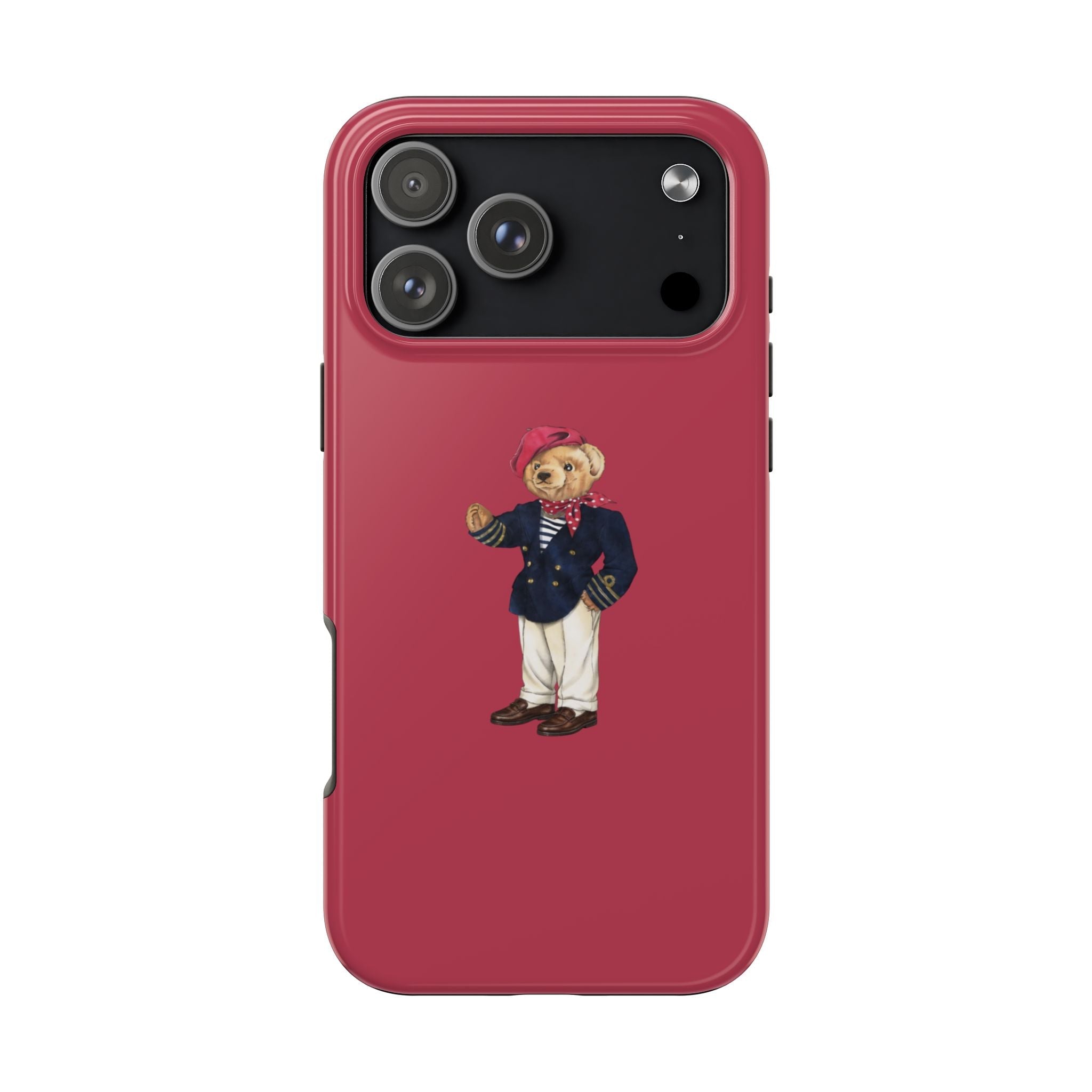 Red phone case with teddy bear graphic, navy outfit on back, raised camera cutouts