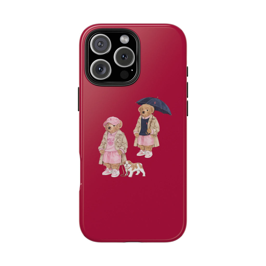 Red phone case with teddy bear kids under an umbrella, and matching phone camera cutouts