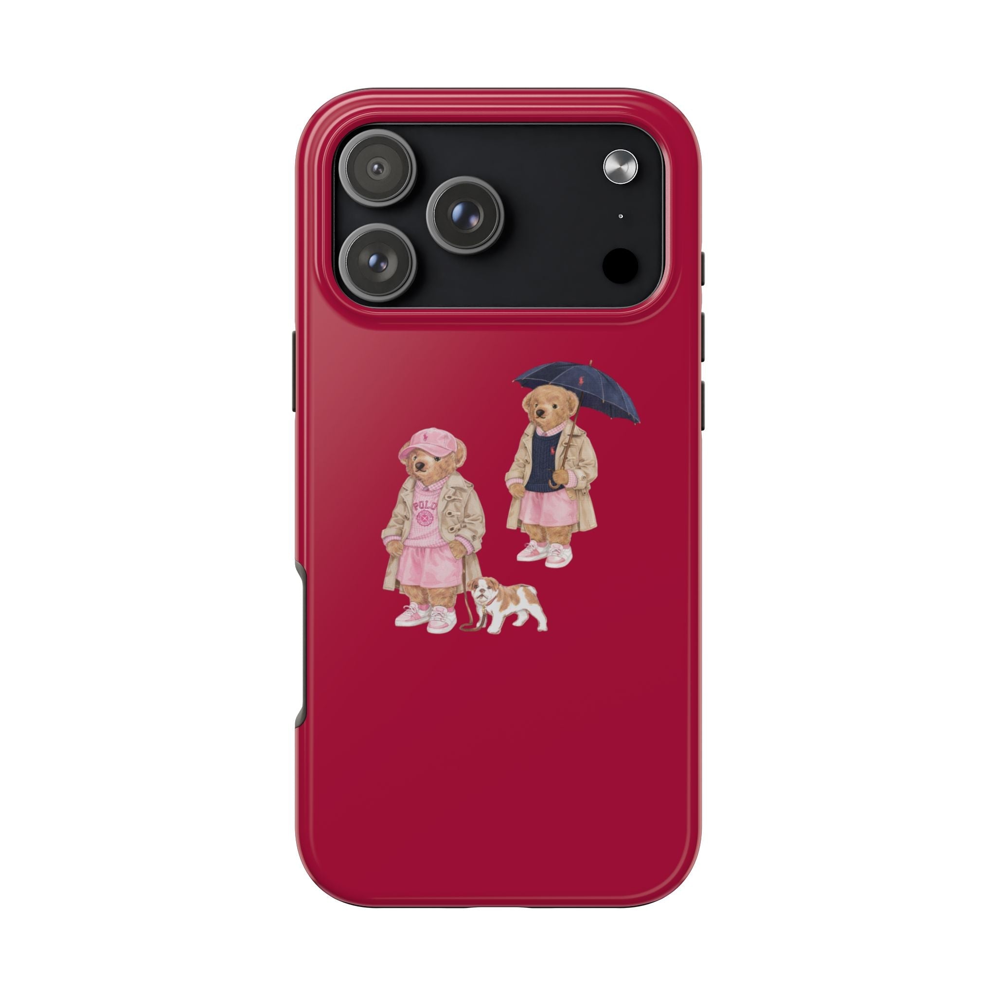 Red phone case featuring two teddy bear characters with umbrella and small dog graphic