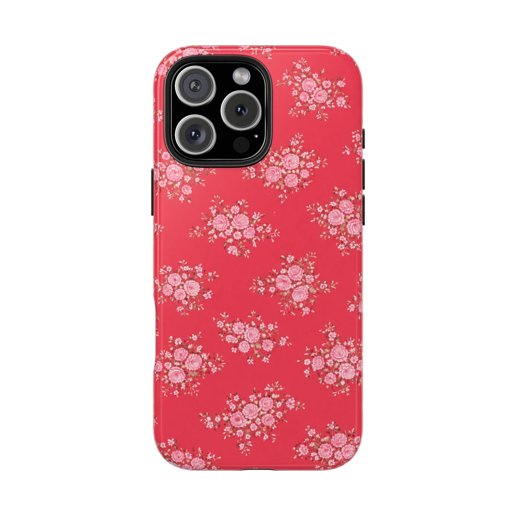 Red floral phone case with pink flower print and dual camera cutout