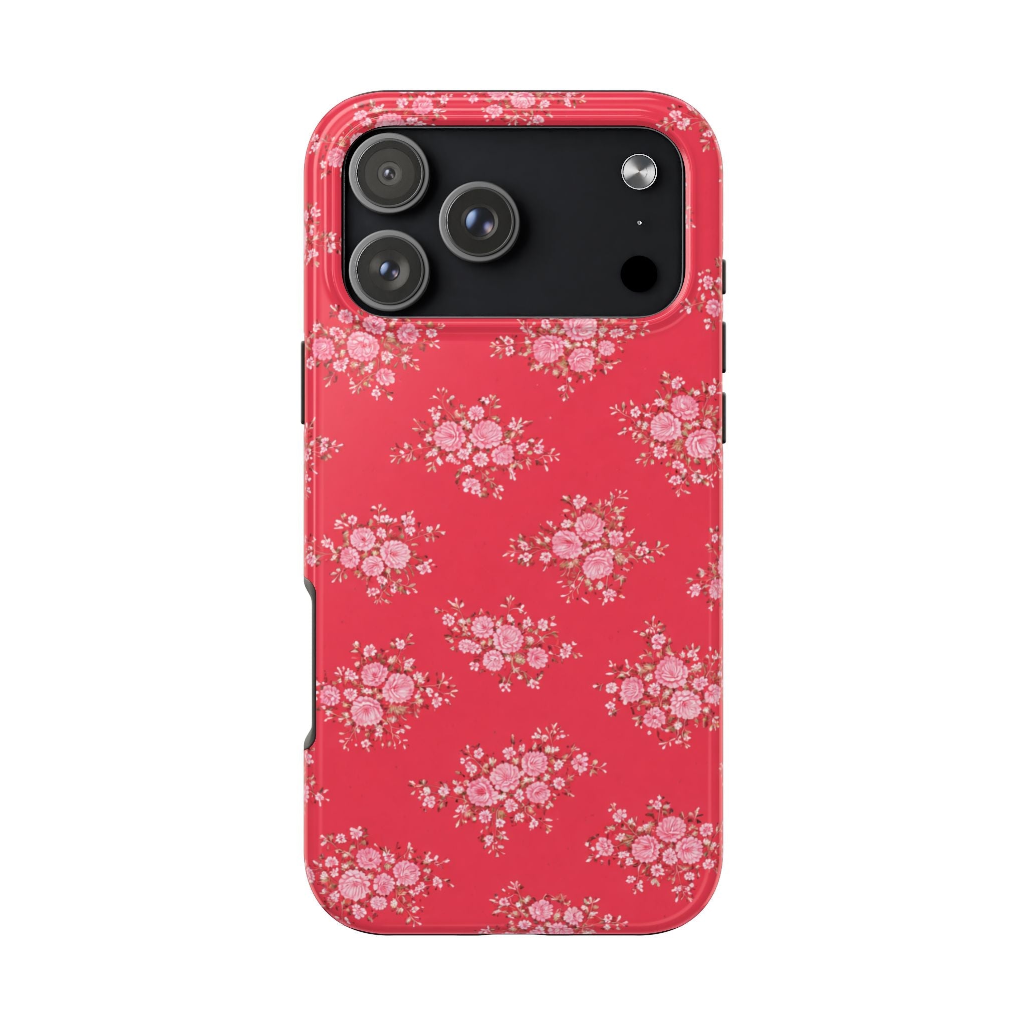 Red phone case with pink floral pattern and raised camera cutout