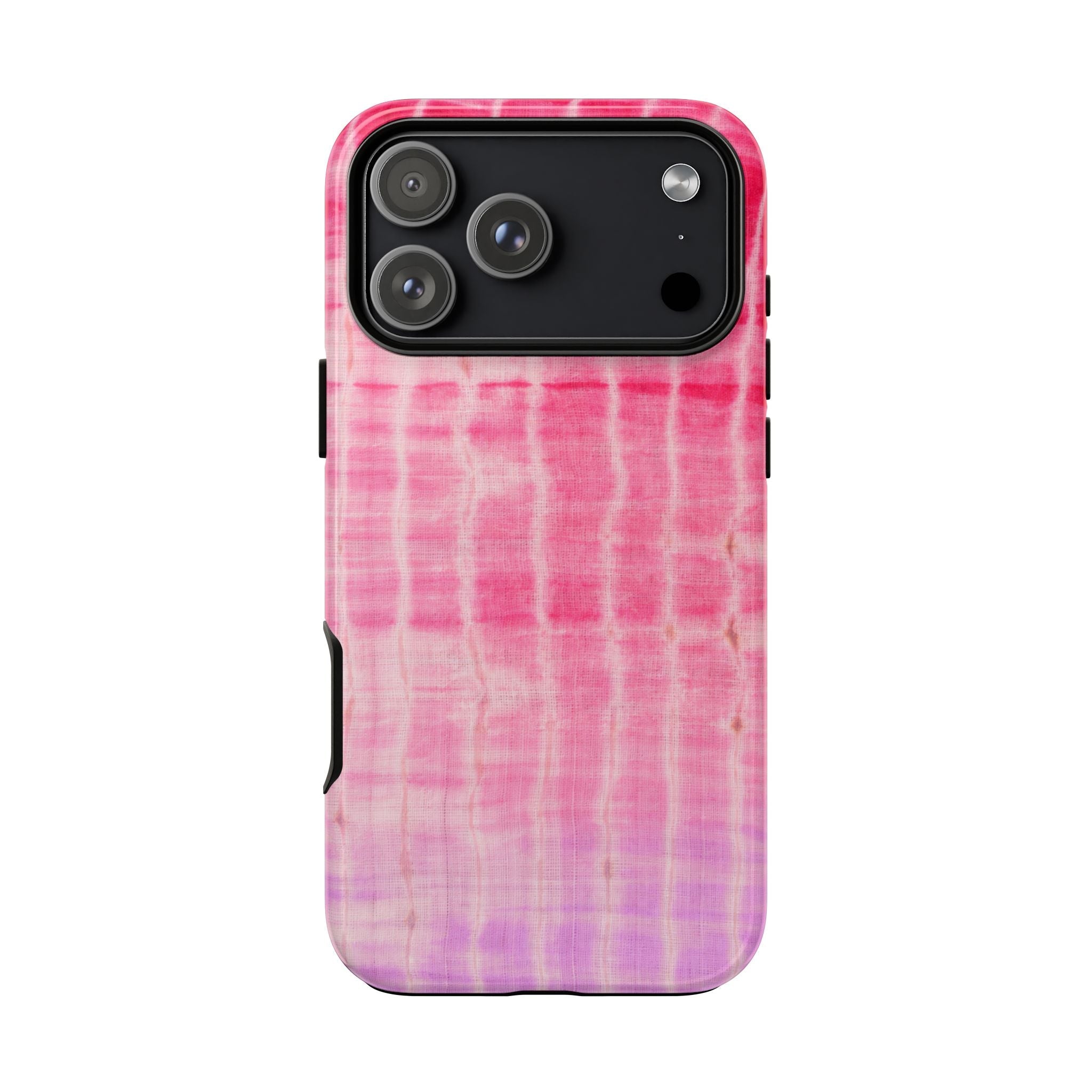 Back view of red shibori tie-dye phone case with magenta-to-purple grid swirls