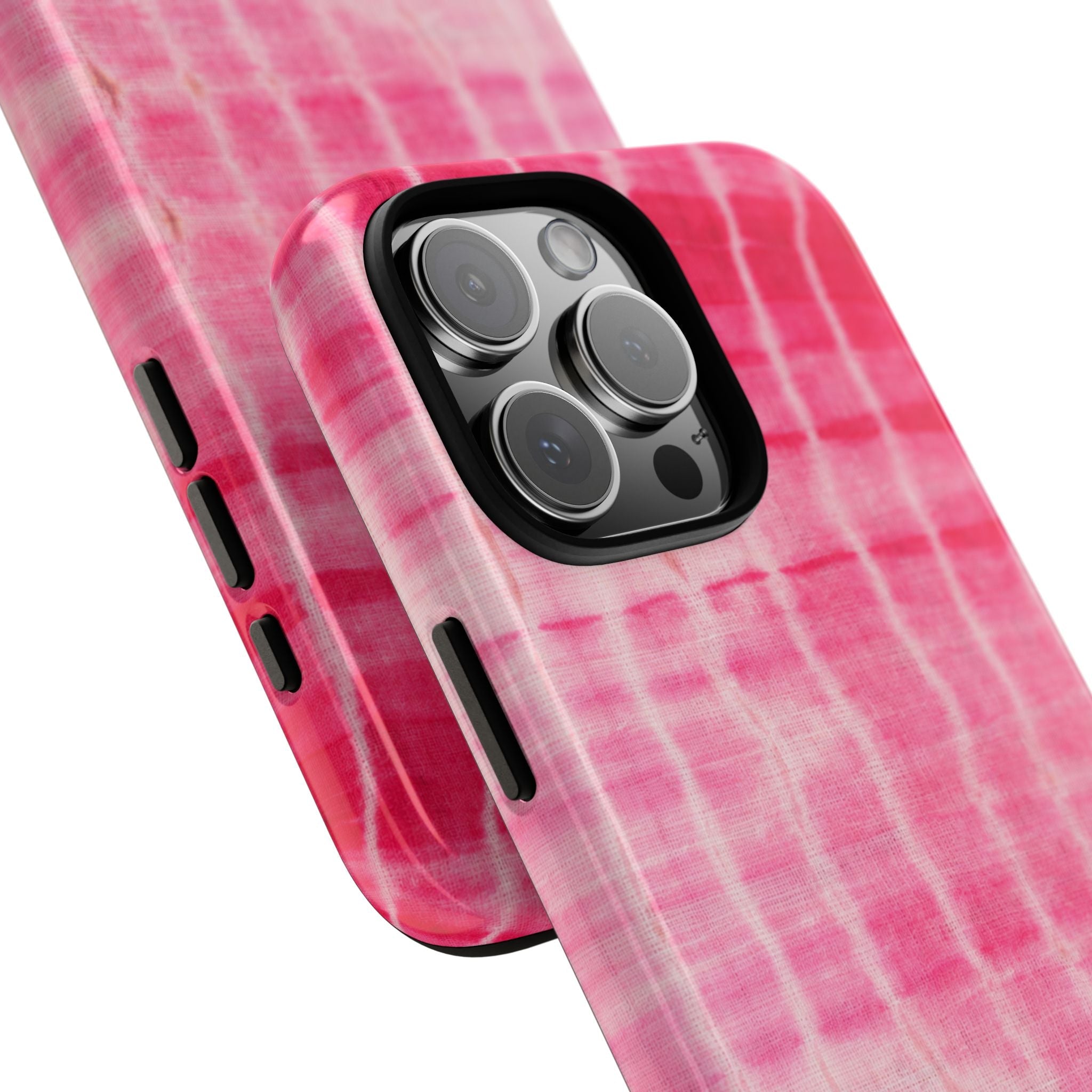 Red shibori tie-dye phone case corner view showing camera protection and side cutouts