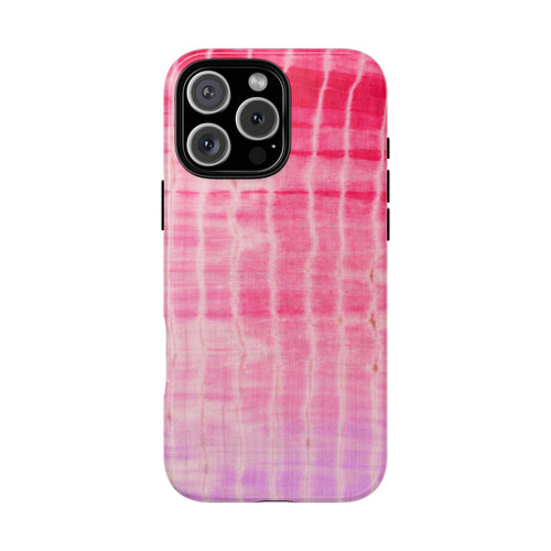 Red shibori tie-dye phone case with purple-pink swirl pattern and black camera cutouts